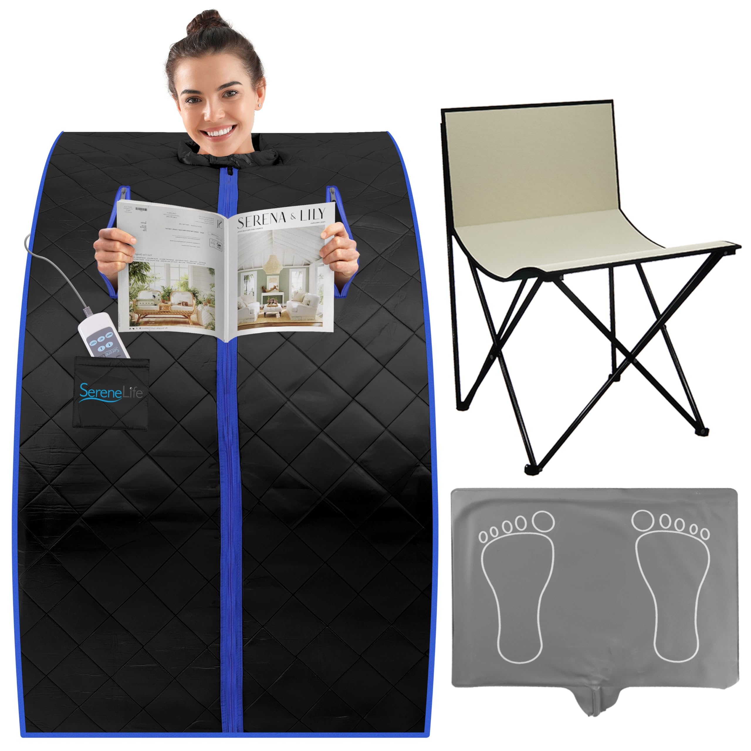 SereneLife Portable Sauna for Home, Infrared Sauna Tent with Heated Foot Pad and Folding Chair, Compact Personal Rejuvenation Sauna, Remote Control In-Home Spa, 40" x 33" - inch (Black)