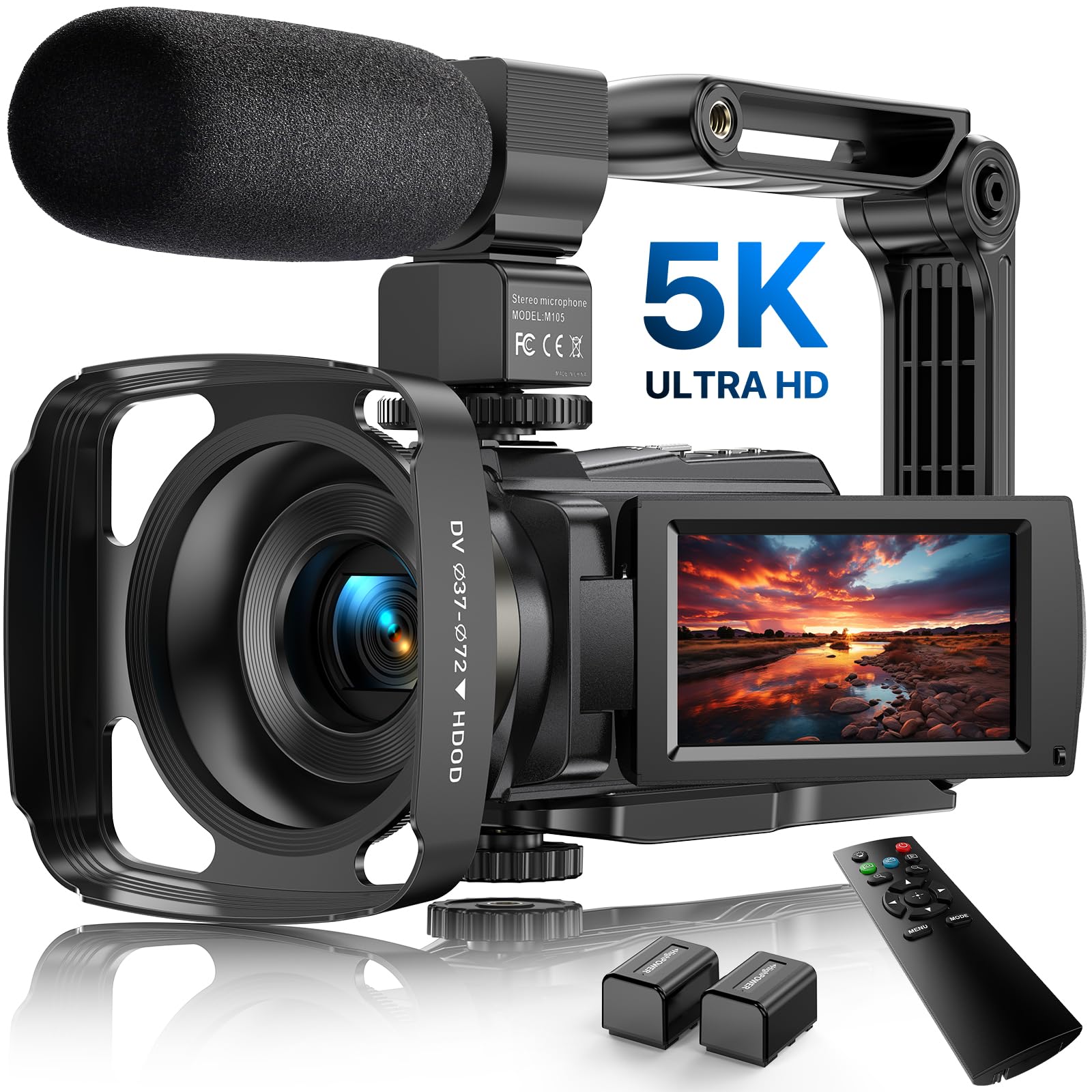5K Video Camera Camcorder 48MP Wifi IR Night Vision Vlogging Camera,16X Digital Zoom Touchscreen Camera, 6Axis Anti-Shake with External Microphone, Lens Hood, Stabiliser, Remote Control &2 Batteries