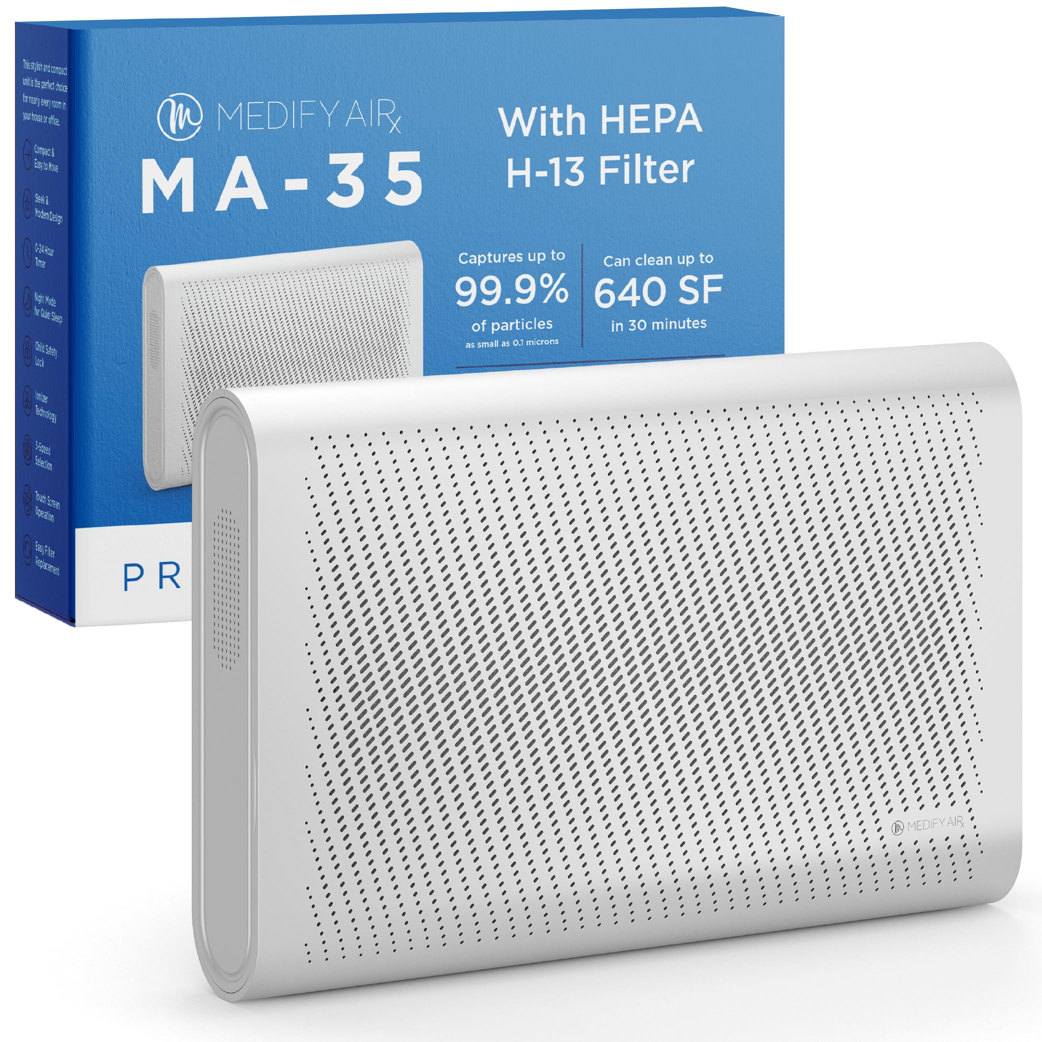 Medify MA-35 Air Purifier with True HEPA H13 Filter | 1,280 ft² Coverage in 1hr for Allergens, Smoke, Wildfires, Odors, Pollen, Pet Dander | Quiet 99.9% Removal to 0.1 Microns | Silver, 1-Pack