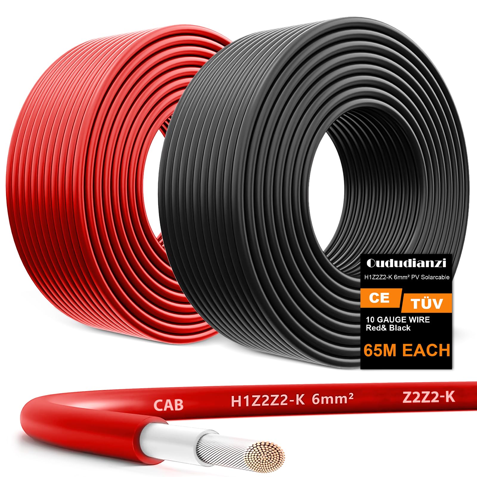 Oududianzi Solar Panel Wire, 10AWG Solar Wire H1Z2Z2-K Tinned Copper Solar Cable for Photovoltaic Solar System, Automotive RVs, Boats (200 Ft Black & 200 Ft Red)
