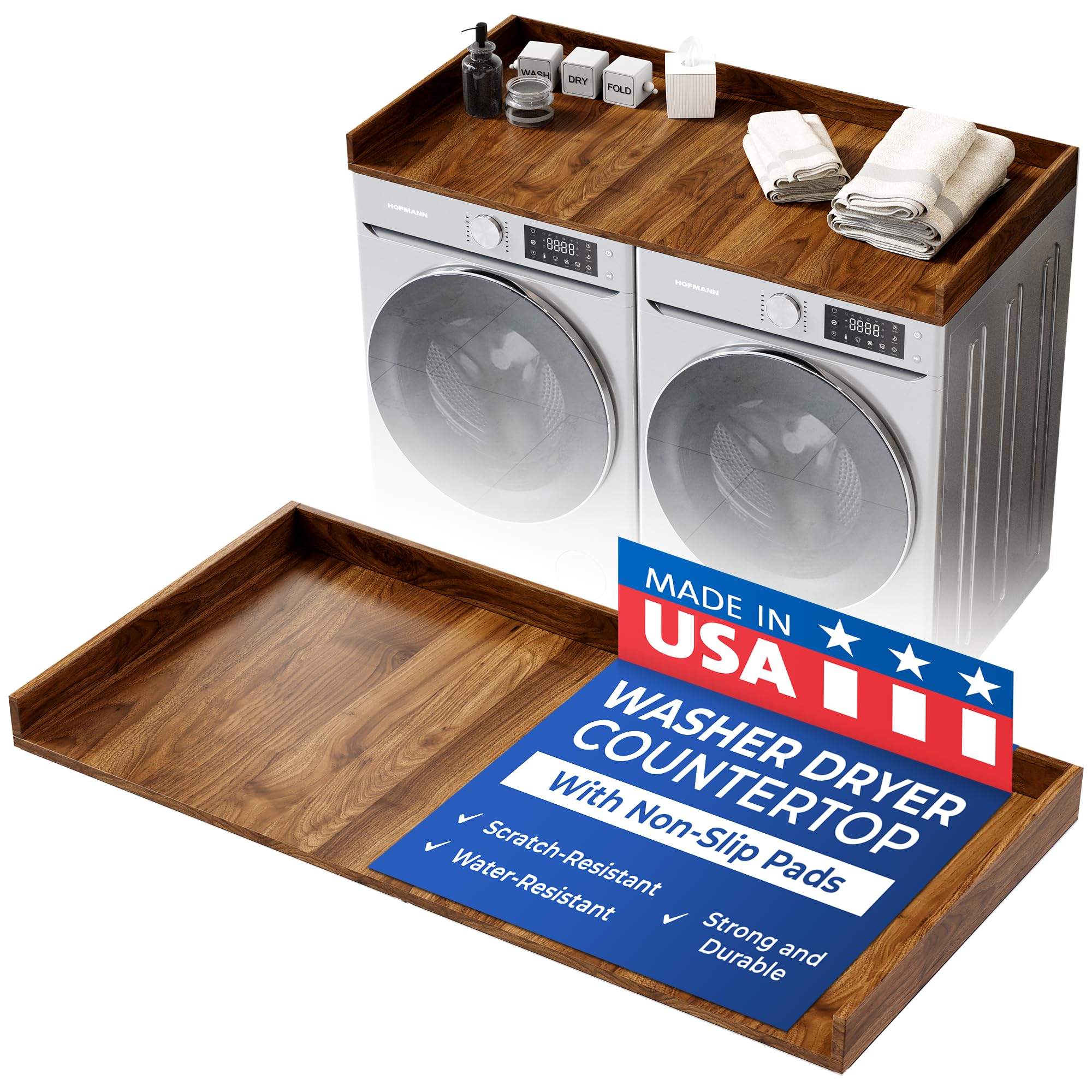 OfficeSimpli Washer Dryer Countertop, Made in USA, Non-Slip Pads, Easy Clean, Laundry Room Essentials and Decor, Washer Dryer Wood Top for Organization (California Walnut, Large (30" x 58"))