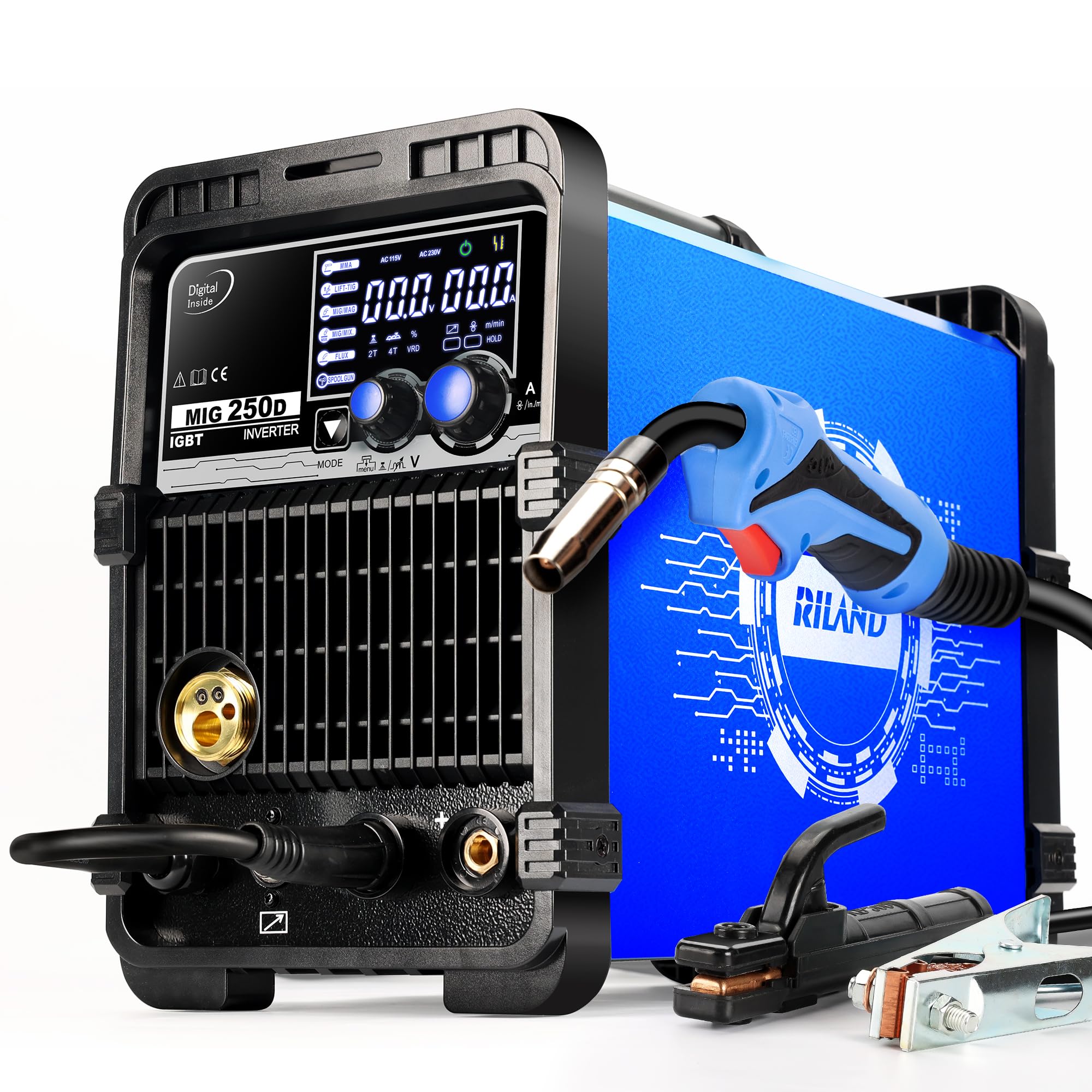 RILAND 250Amp MIG Welder, 220V MIG/Pulsed MIG/Flux Core/Spool Gun MIG/Lift TIG/Stick 6 in 1 Multiprocess Welding Machine, Aluminum Welders with LED Display