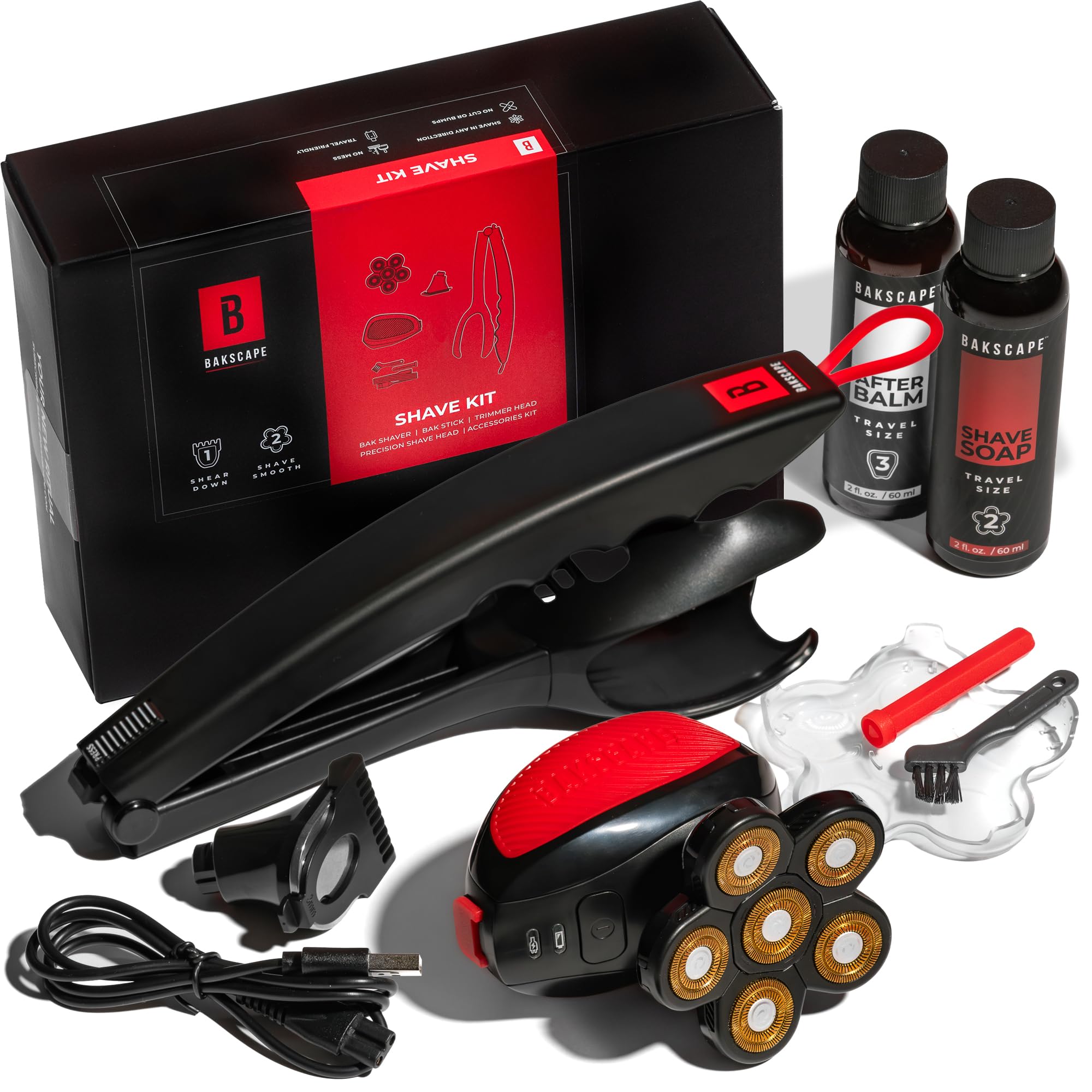 Bakscape Men's Back Shaver Starter Kit 2.0, Electric Body & Back Shaver for Men with Friction Fit Handle & Titanium-Coated Shave Head- Includes 2 Shave heads, Handle, Shave Soap & After Balm