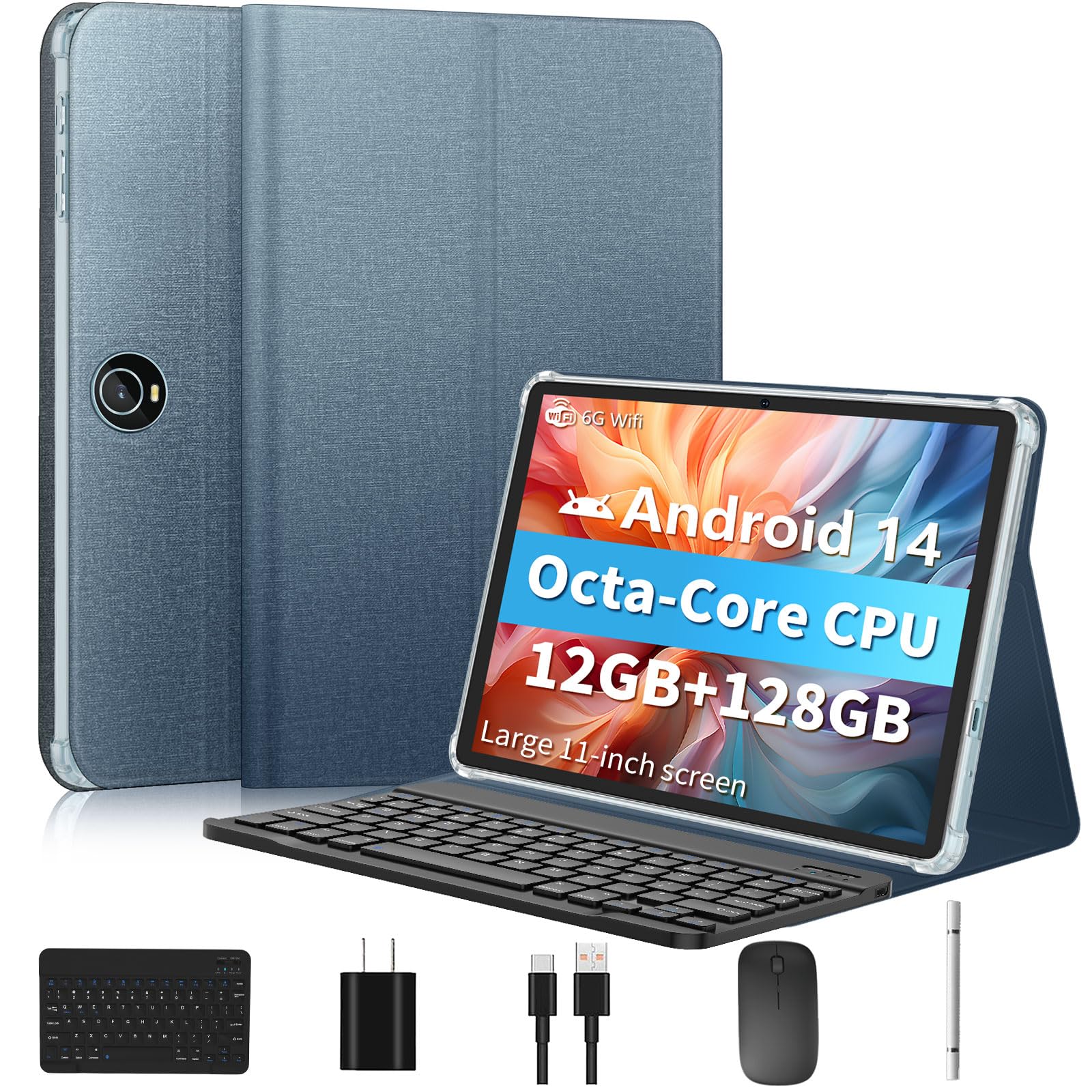 11 Inch Tablet Android 14 Tablets, 2024 New GMS Certified, Octa Core Tablet PC with Keyboard/Mouse/Case12GB RAM 128GB ROM 1TB Expand, 8000mAh, Fast Charging, 5GWiFi, BT5.0, FM, GPS (Blue)