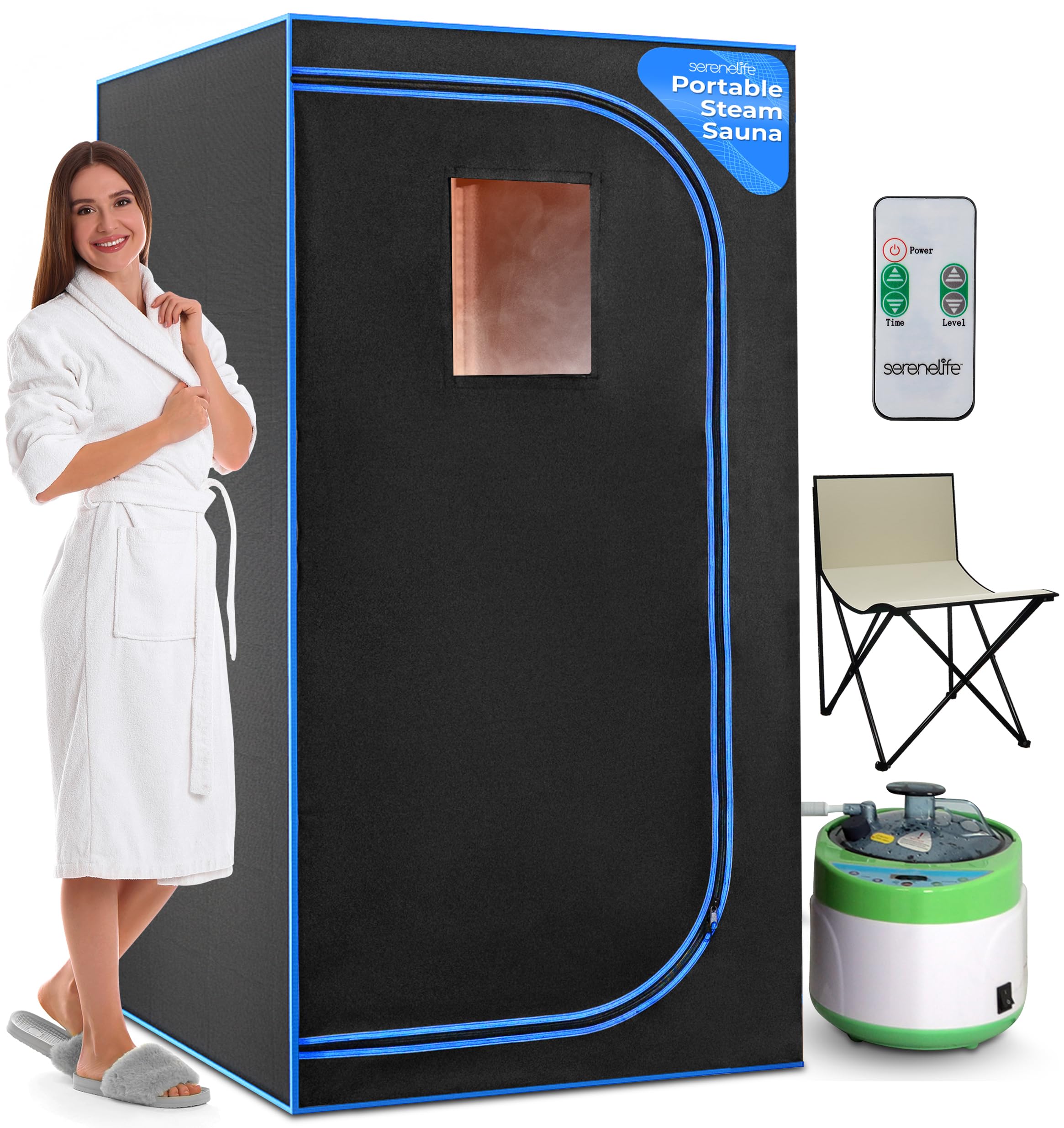 SereneLife Portable Steam Sauna for Home, Compact Sauna Tent with 4L Steamer, Folding Sauna Chair, Personal Rejuvenation Spa, 9 Heat Levels, Remote Control, Spacious in-Home Steam Sauna, 71" x 35"