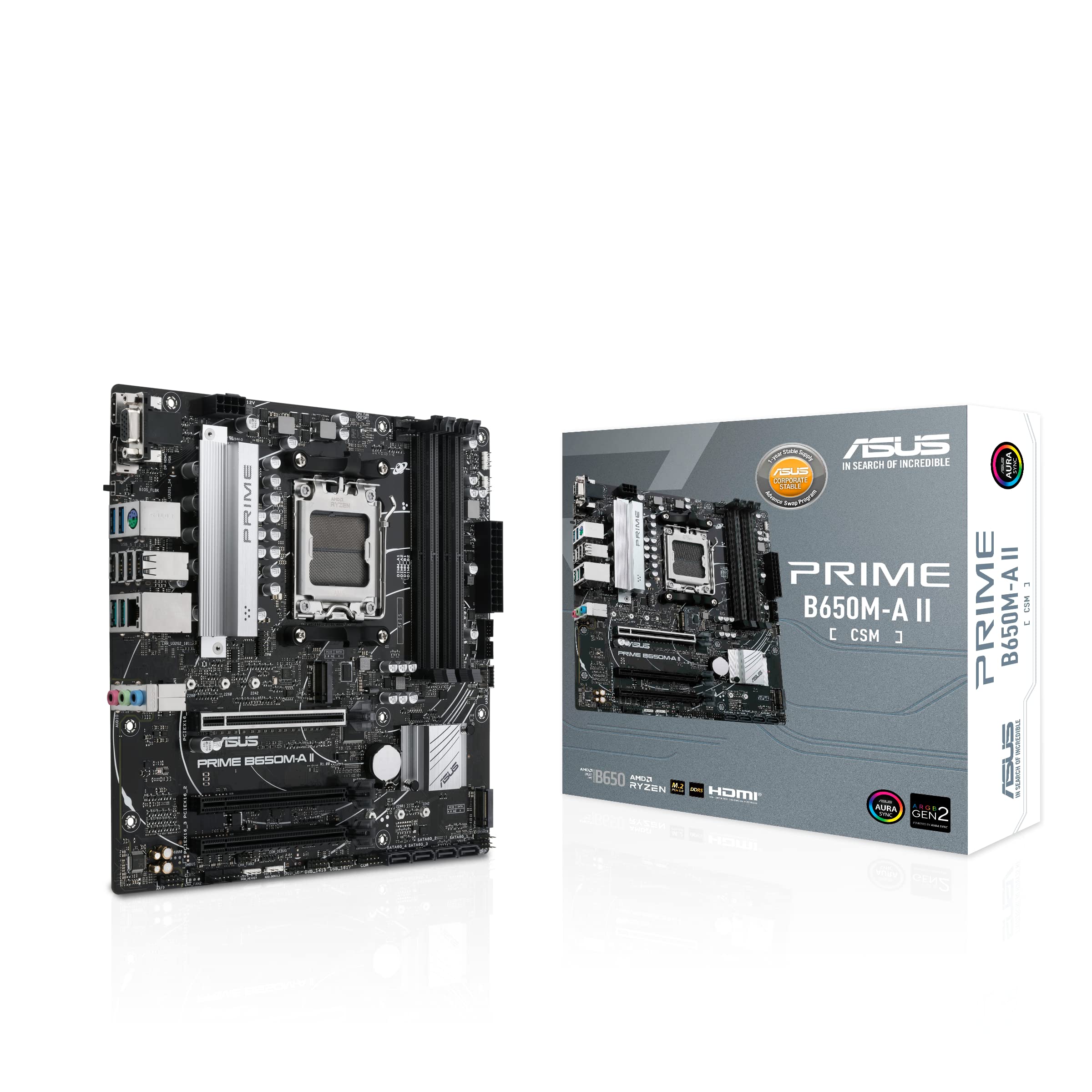 ASUS Prime B650M-A II-CSM AMD B650 AM5 Ryzen™ Desktop 9000 8000 & 7000 Micro-ATX mATX Motherboard DDR5, PCIe 5.0 M.2, 2.5Gb LAN, DisplayPort, HDMI®, VGA, USB 3.2, USB 3.2 Type-C®, BIOS Flashback™