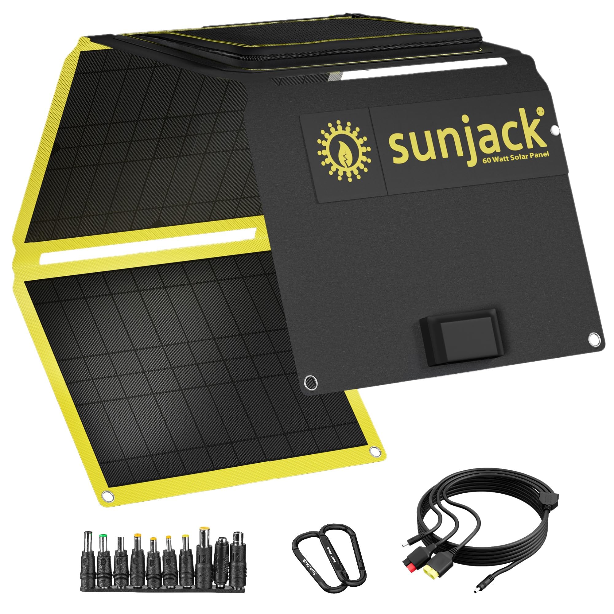 SunJack 60W Folding Portable Solar Panel Charger with Kickstands, IP67 Waterproof ETFE and DC/USB-A QC3.0 / USB-C PD30 for Cell Phone, Laptop, Power Station, Backpacking, Camping, Hiking, Emergency