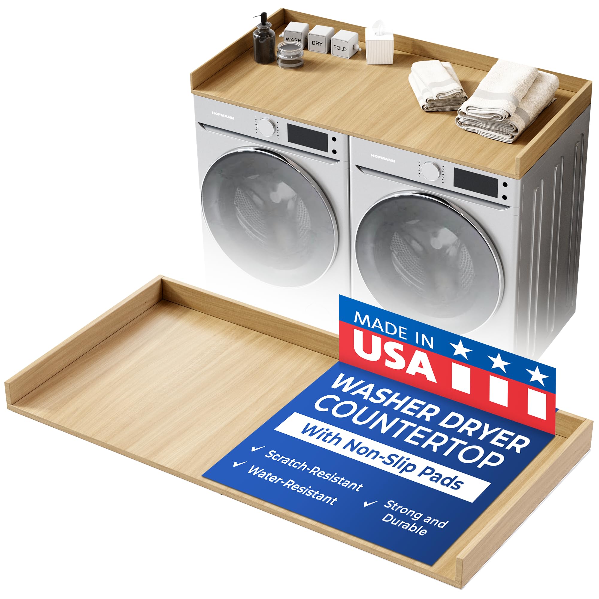 OfficeSimpli Washer Dryer Countertop, Made in USA, Non-Slip Pads, Easy Clean, Laundry Room Essentials and Decor, Washer Dryer Wood Top for Organization (Rustic Oak, Standard (27.5" x 54"))