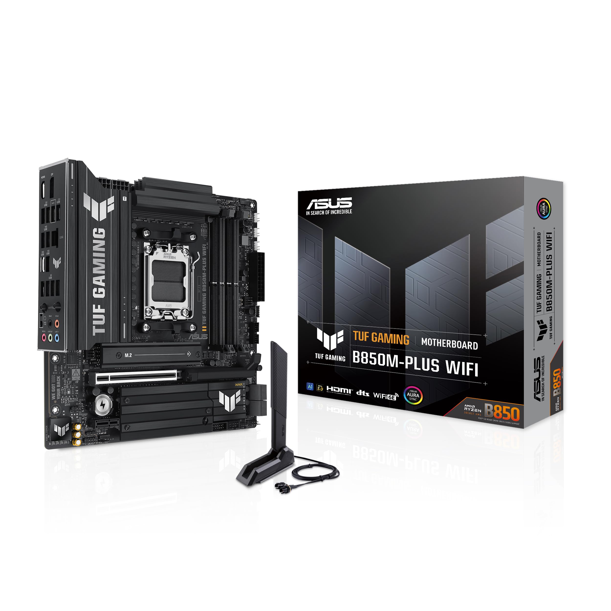 ASUS TUF Gaming B850M-PLUS WiFi AMD AM5 B850 mATX Motherboard, 14+2+1 80A DrMOS Stages, DDR5, PCIe 5.0, 3X M.2, Wi-Fi 6E, 2.5Gb LAN, DP, HDMI™, USB 10Gbps & 20Gbps Type-C®, BIOS Flashback™, Aura Sync
