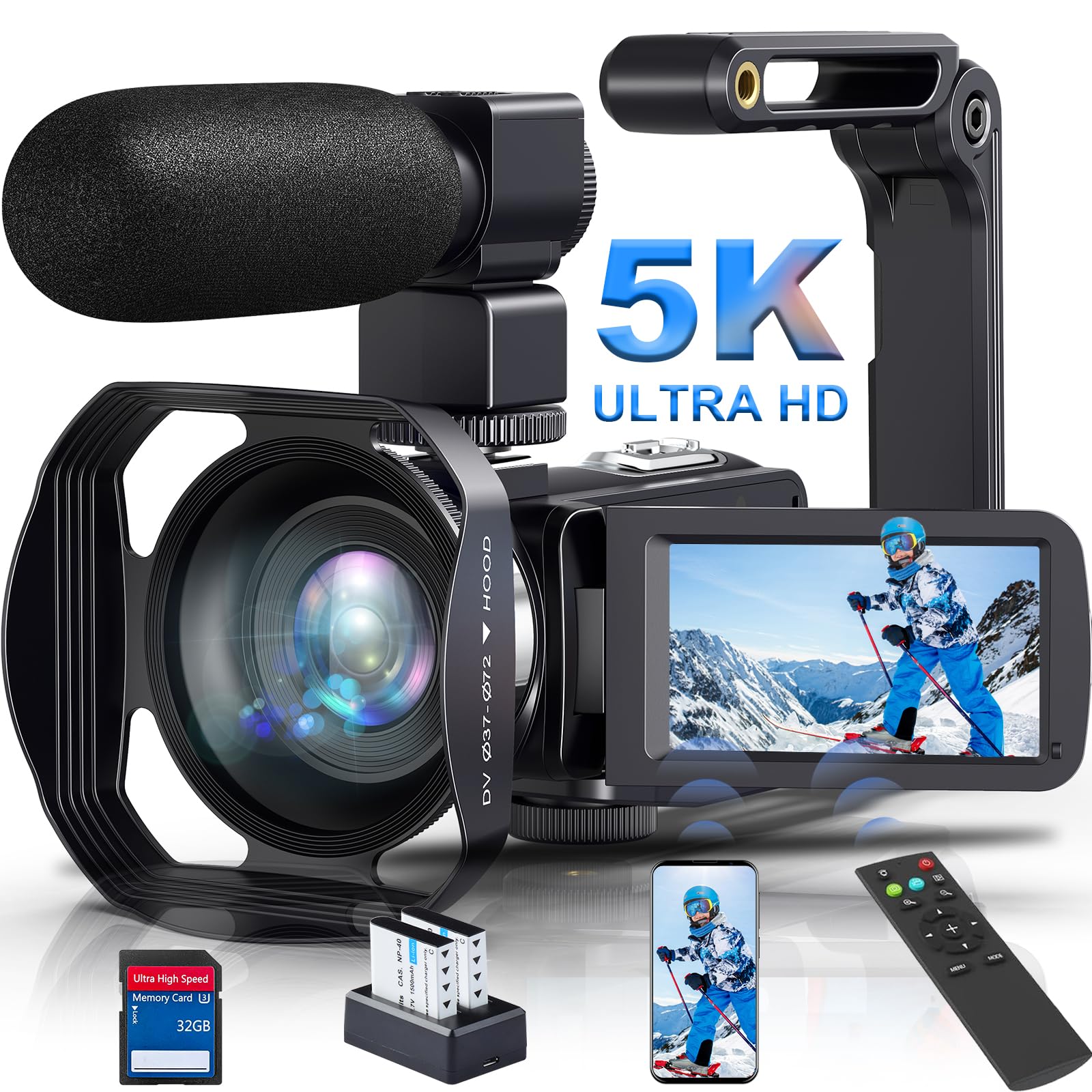 LOENTIR 5K Video Camera 64MP Camcorder IR Night Vision Vlogging Camera 18X Zoom WiFi Digital Camera for YouTube 3.0'' Touch Screen Recorder Camera with 32GB SD Card, Microphone, 2.4G Remote Control