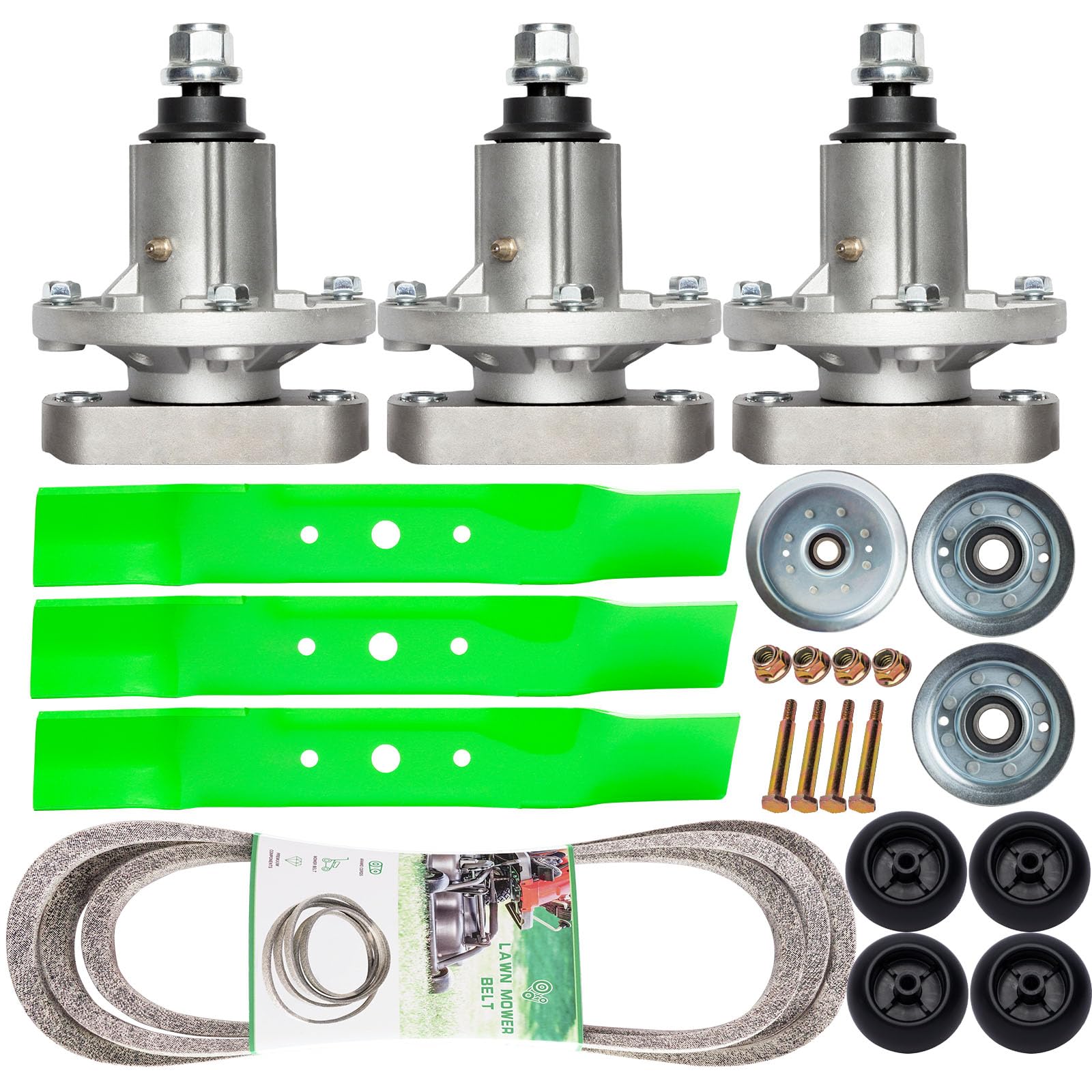 Deck Rebuild Kit for 48 inch John Dee re L120 L130 3 Spindle Replaces for GY20050 GY20785 3 Blade Replaces GX20250 1 Be lt Replaces for GX20305 Idler for (2) GY20067 (1) GY22082 4 Deck Wh eels GX10168