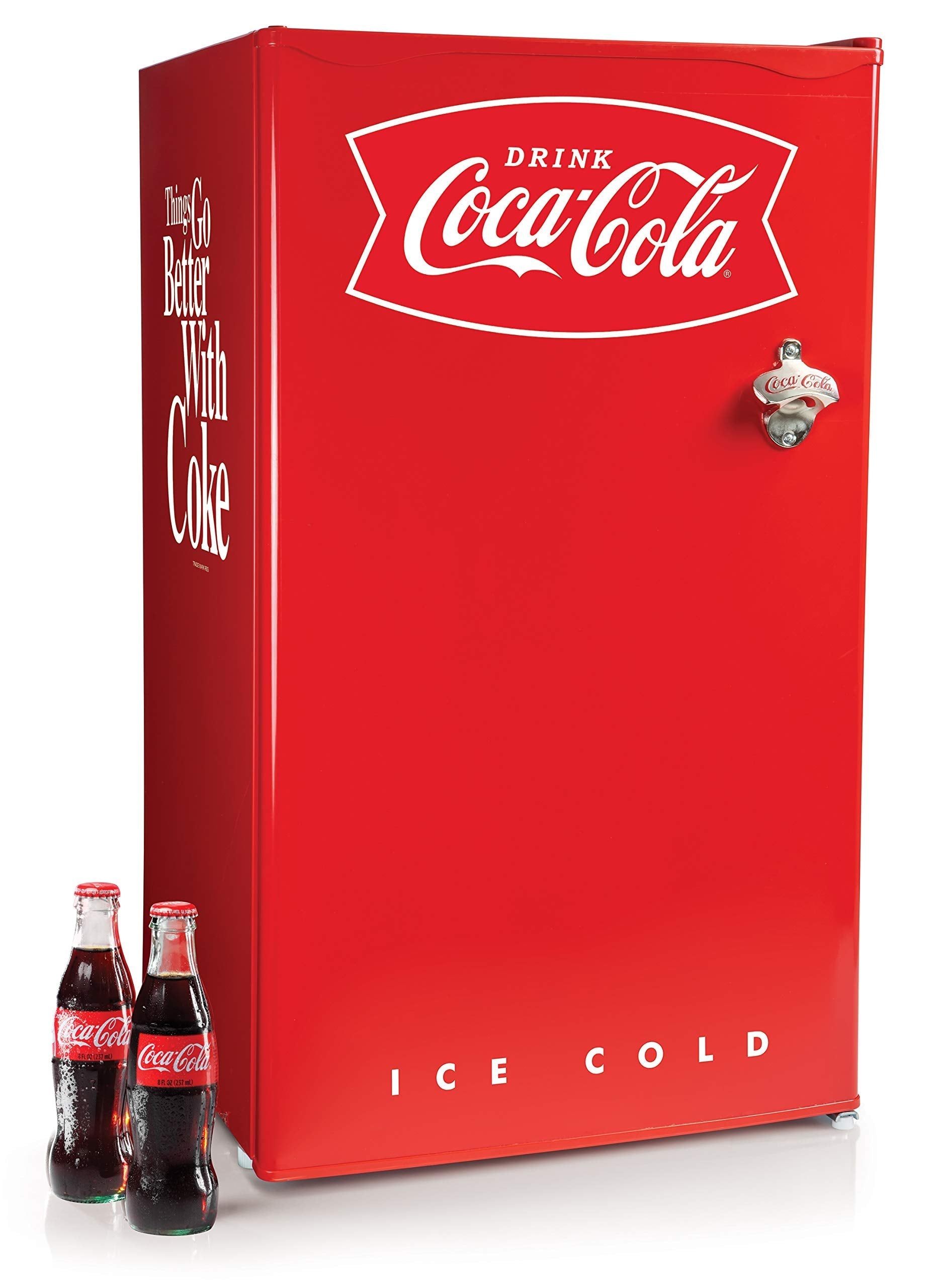Nostalgia Coca-Cola Refrigerator with Freezer, 3.2 Cu. Ft., Adjustable Temperature Cools as Low as 32 Degrees, Bottle Opener, Ice Cube Tray, Scraper Included, Red