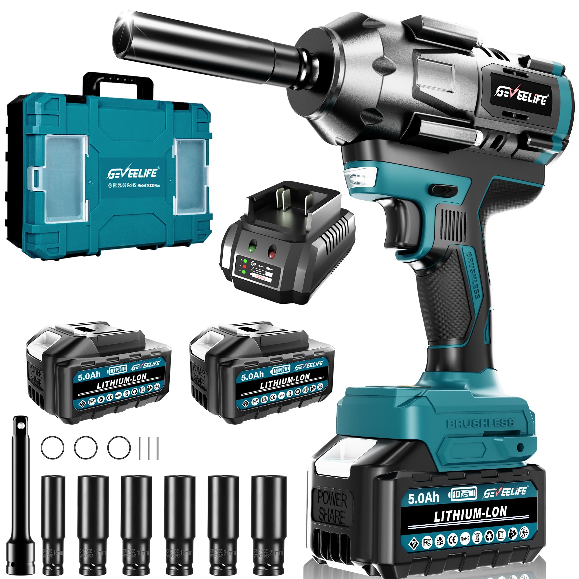 Geveelife 1000N.m (738Ft-lbs) Brushless Impact Wrench, 1/2" Cordless Impact Gun w/ 2x 5.0Ah Battery, Fast Charger & 6 Sockets, 3800RPM Electric Impact Driver for Truck Car/Home DIY/Industry