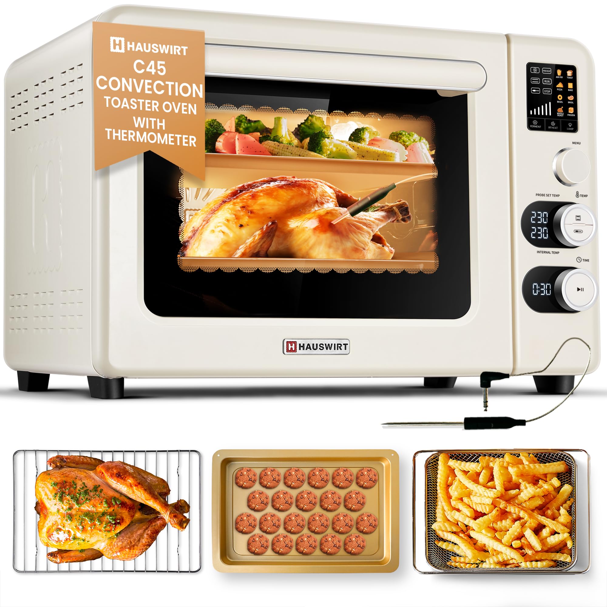HAUSWIRT C45 Smart Convection Oven with Thermometer, 42QT XL Large Capacity Oven, Double Bake, 8 Menu Modes Countertop Oven, Four-tier Baking Rack,LED Display,1800W,80°F - 500°F,Non-Stick, Cream White