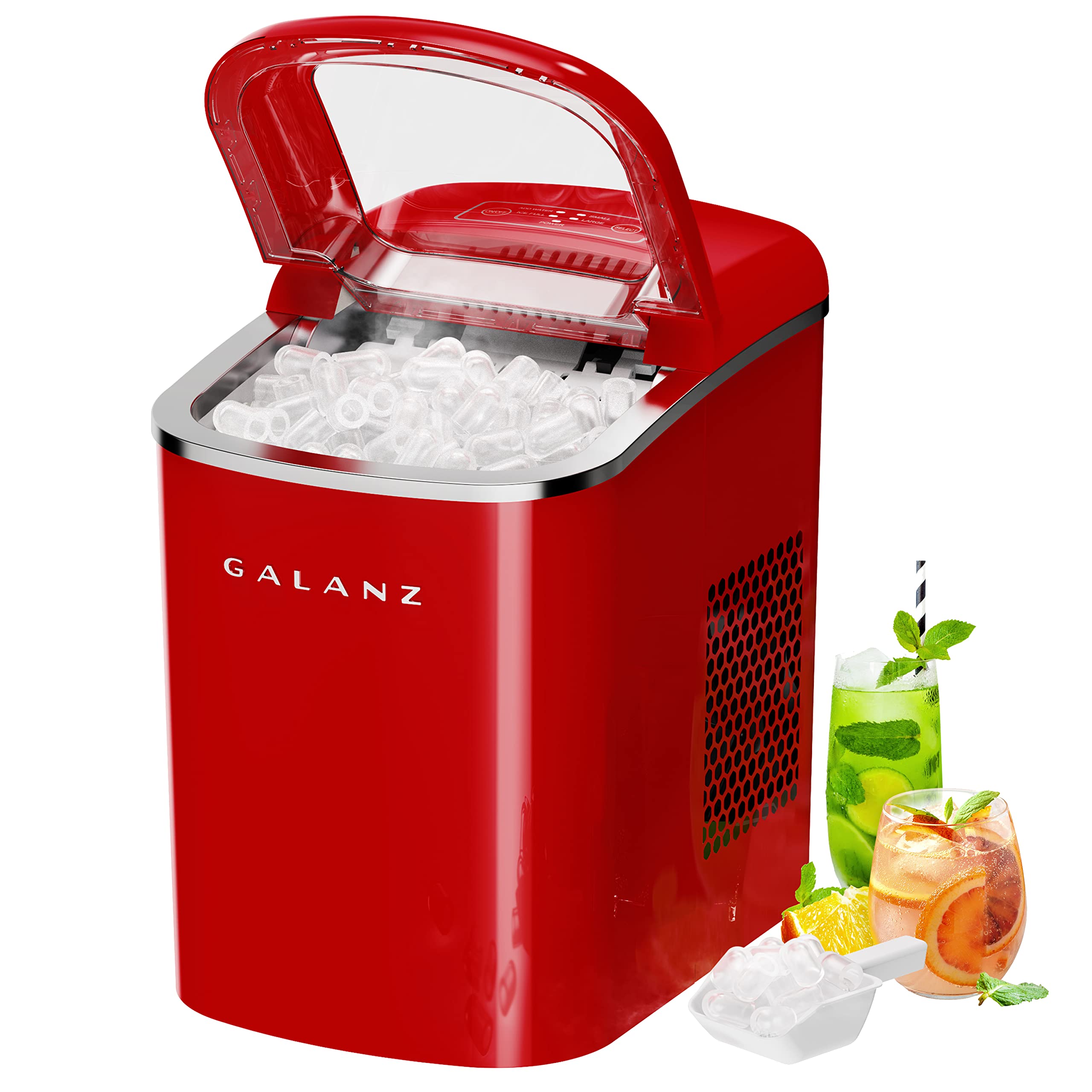 Galanz Portable Countertop Electric Ice Maker Machine, 26 lbs in 24 Hours, 9 Bullet Shaped Cubes Ready in 9 Minutes, 2 Ice Sizes, Perfect for Parties & Home Bar, 2.1 L, Retro Red