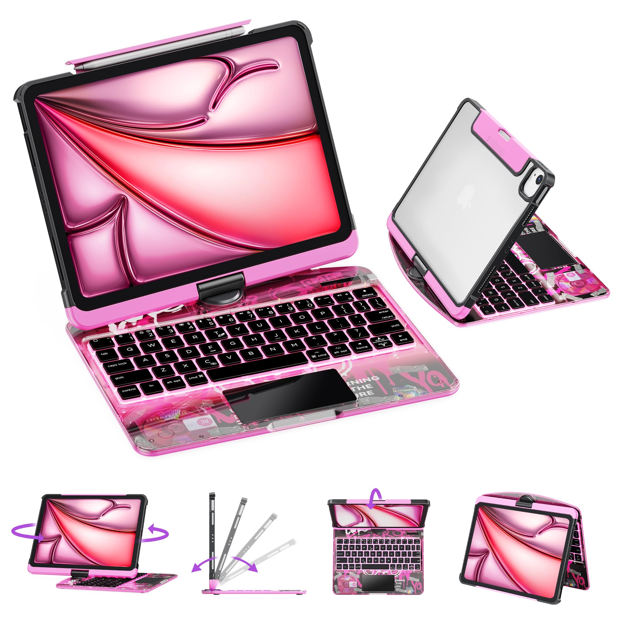 GUSGU Transparent Case with Wireless Keyboard only for 2024 iPad Pro 11-in.(M4), 7 Colors Backlight, Trackpad, 360°Rotating Stand for iPad Pro 11(5th Gen), Tech Style