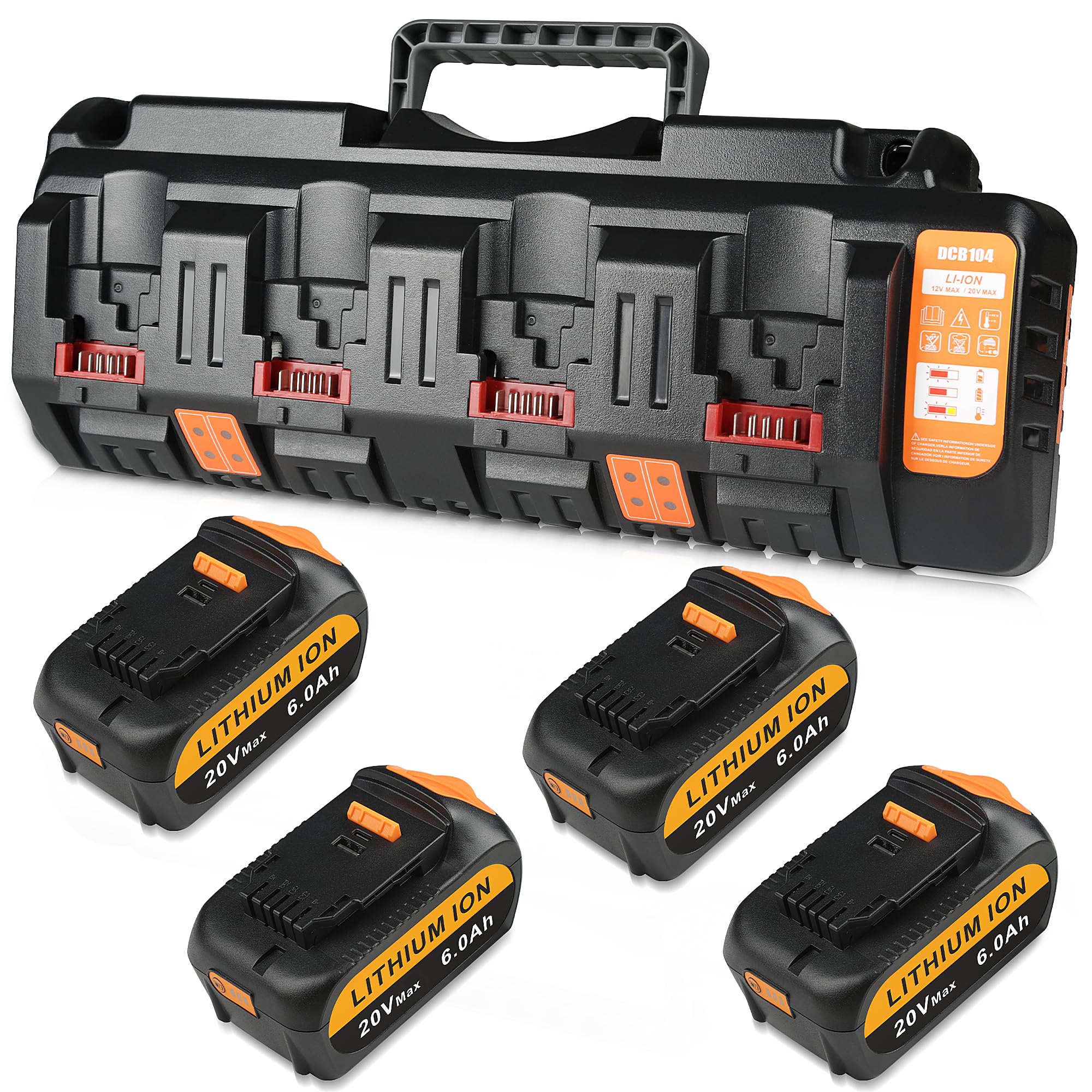 COMRGIKE Upgraded 4Pack 20v Max Battery Replacement for Dewalt 6.0Ah Battery with DCB104 Battery Charger Station Black