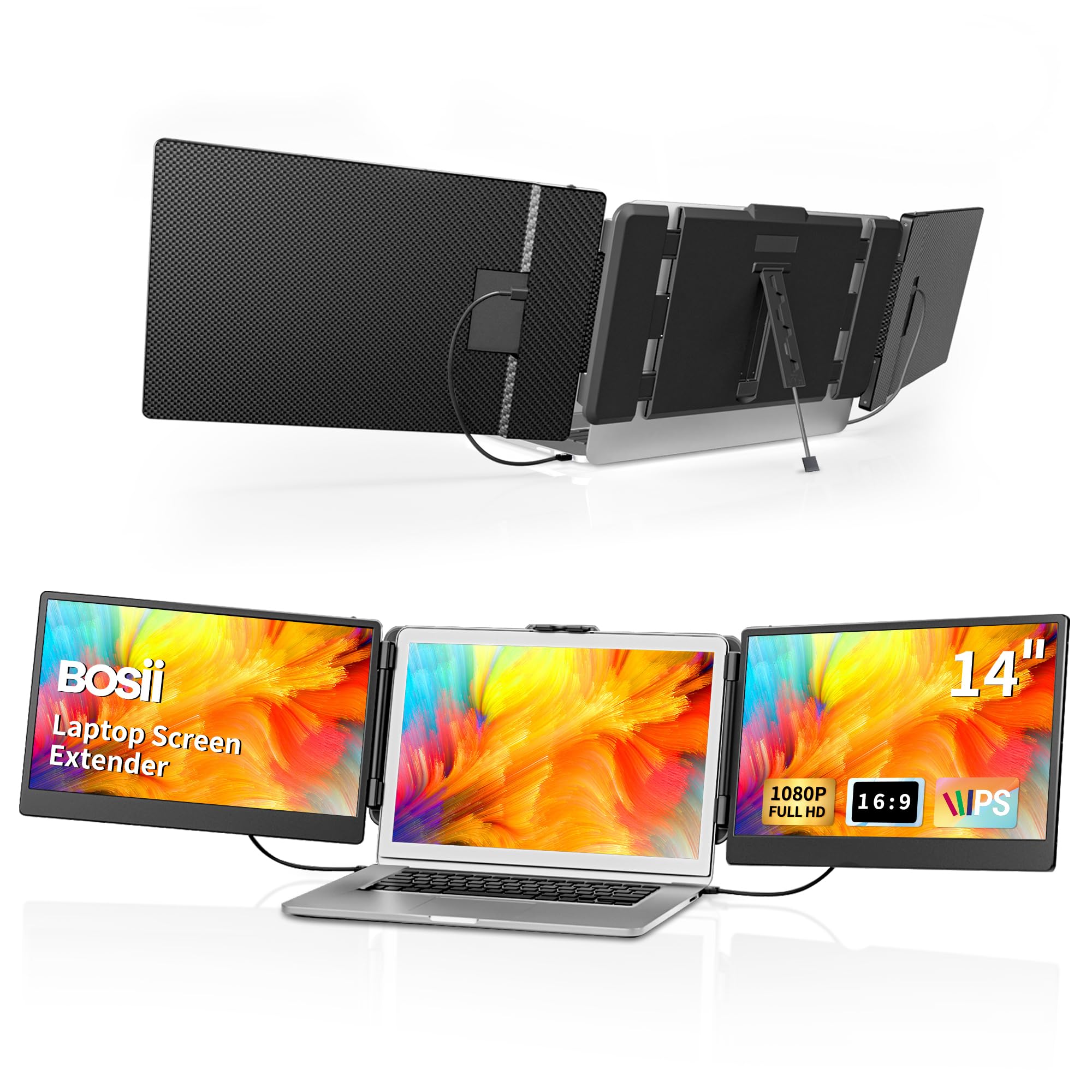 BOSII Laptop Screen Extender Monitor - 14 Inch Triple IPS FHD 1080P HDMI/USB-A/Type-C Extended Portable Monitor for Laptops (Maximum Length: 15.74") Compatible with Windows Mac Travel Work