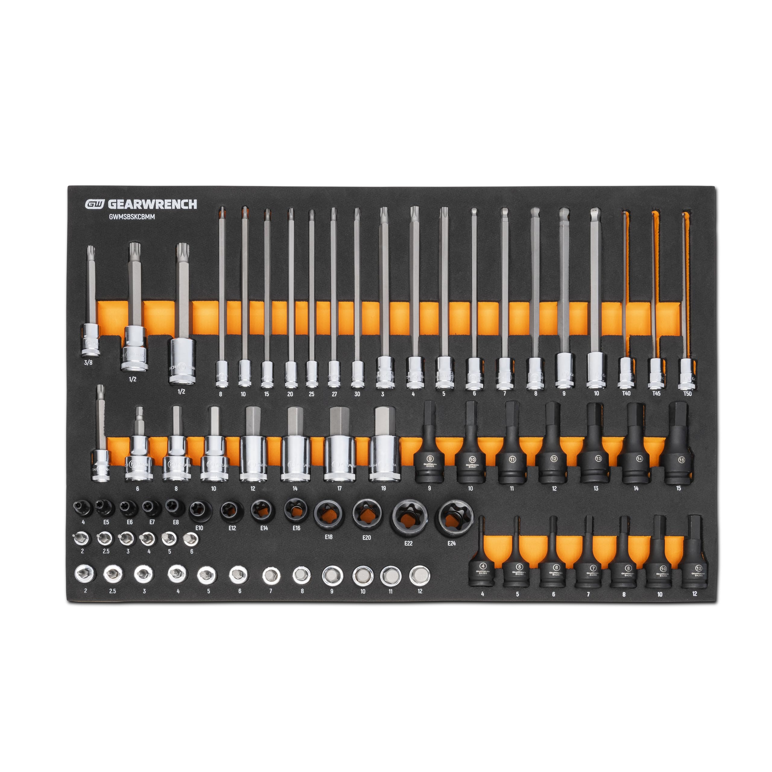 GEARWRENCH 74 Piece 1/4”, 3/8”, 1/2” Drive Metric Bit Socket Set in Foam Storage Tray - GWMSBSKCBMM