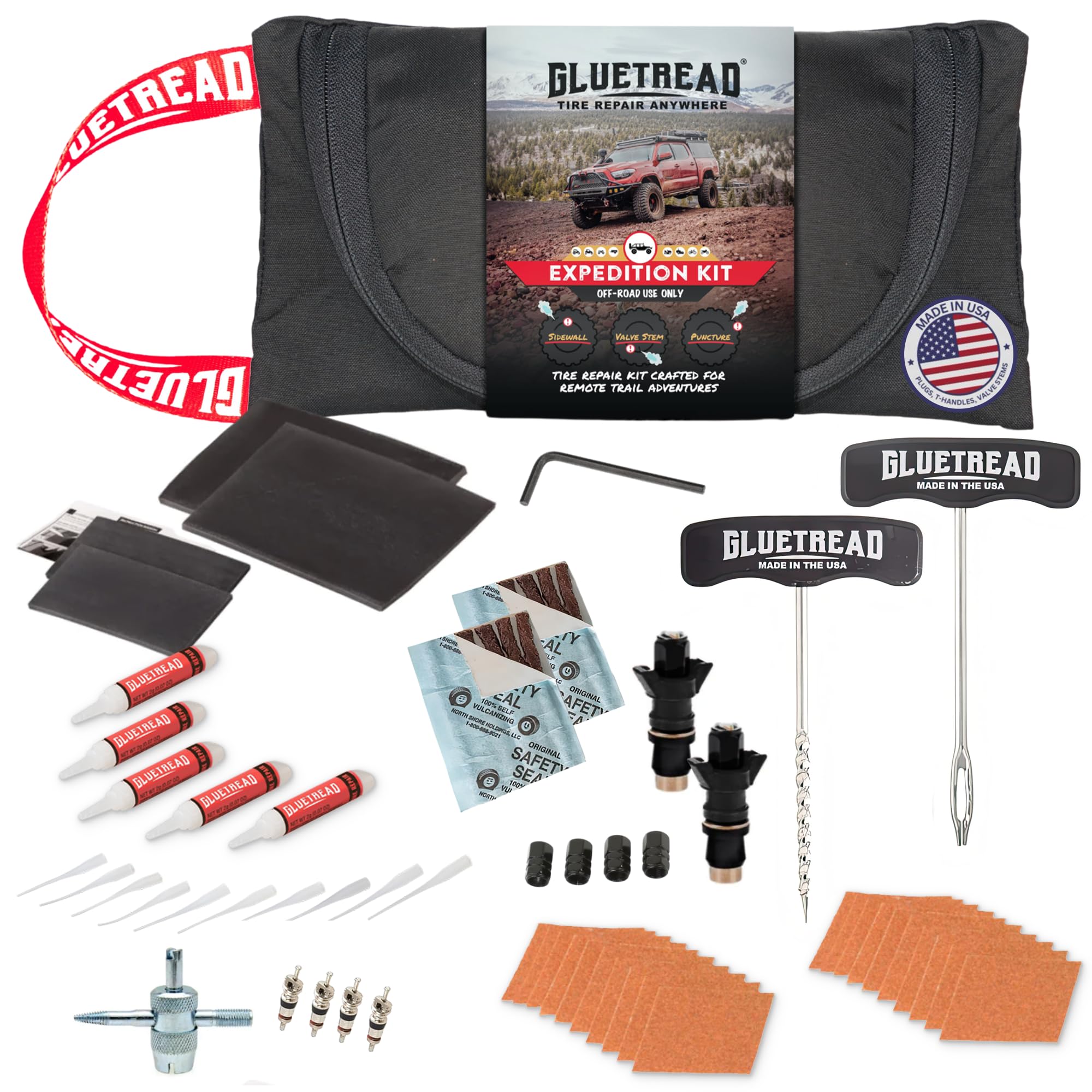 GlueTread Expedition All-Inclusive Off-Road Tire Repair Kit | Repair Any Kind of Tire Damage or Puncture | Includes Sidewall Tire Repair Patches, Plugs, and Colby Emergency Valve Stems