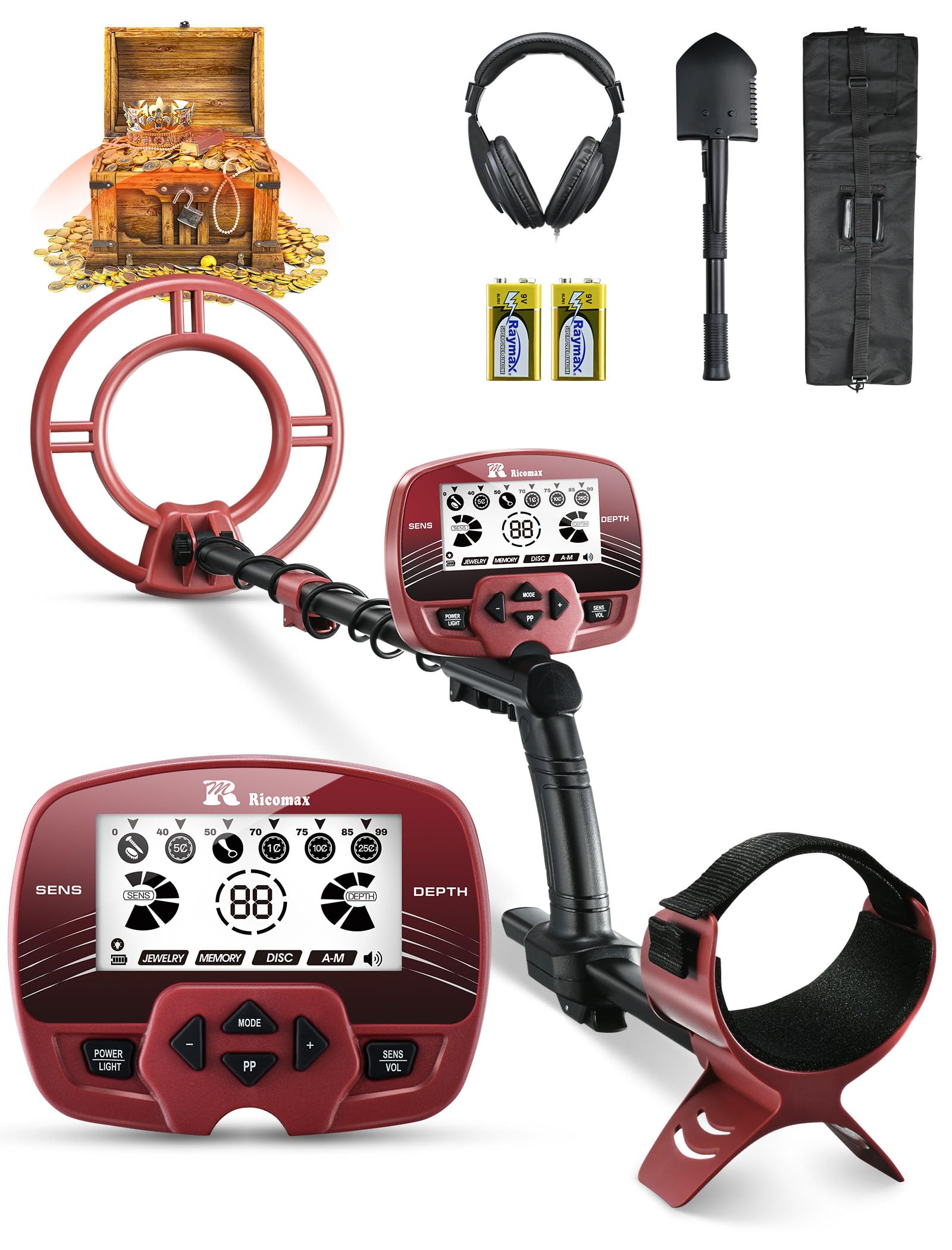 RM RICOMAX Metal Detector for Adults, Professional Gold Metal Detector with 5 Modes, LCD Display, IP68 Waterproof, 10" Search Coil Metal Detector with Headphone for Treasure Hunting