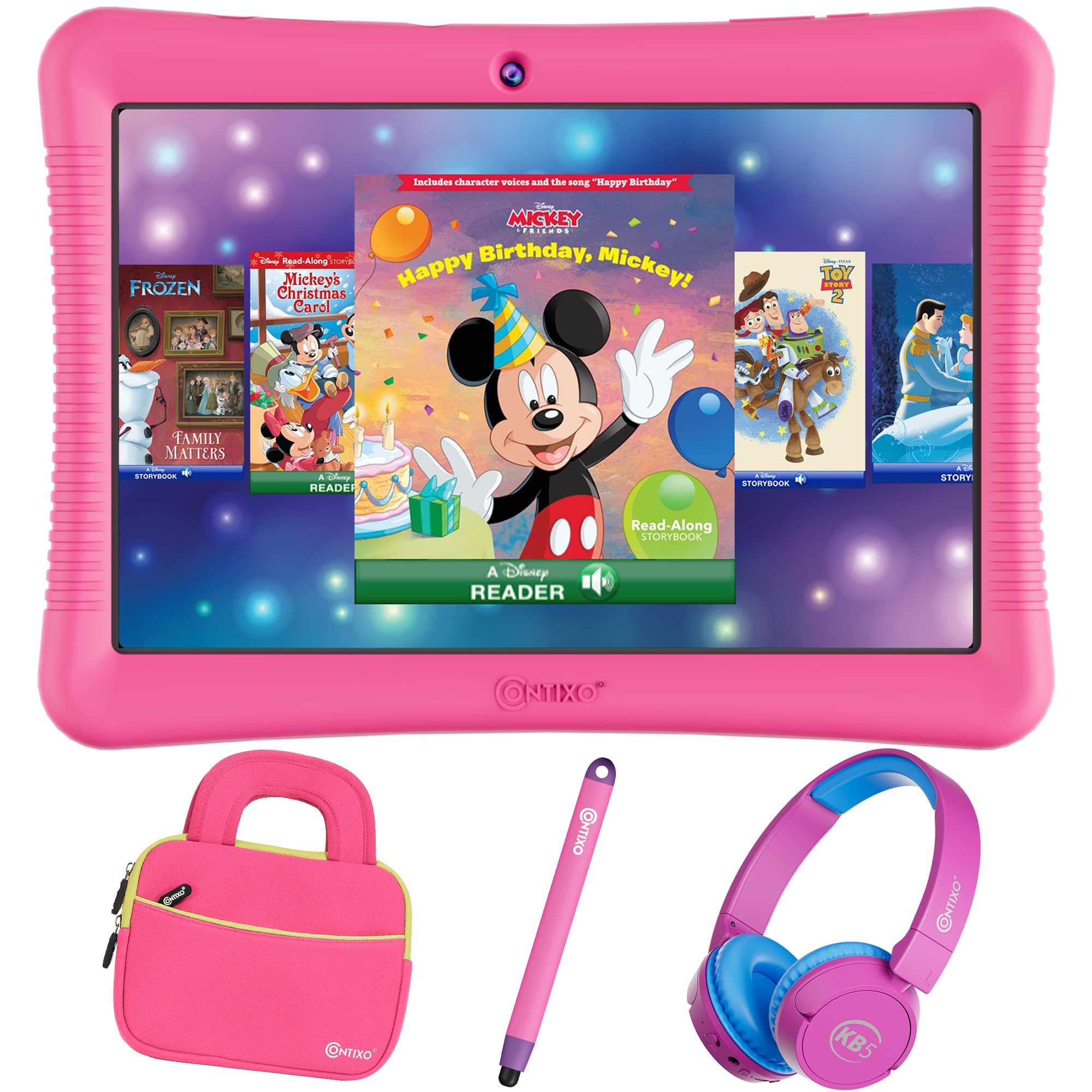 Contixo 10" Android Kids Tablet Bundle - 32GB, 80+ Disney Storybooks & Stickers, Parental Controls, Kid-Proof Case with Kickstand & Stylus, Headphones & Sleeve Bag (2024 Model) - Pink