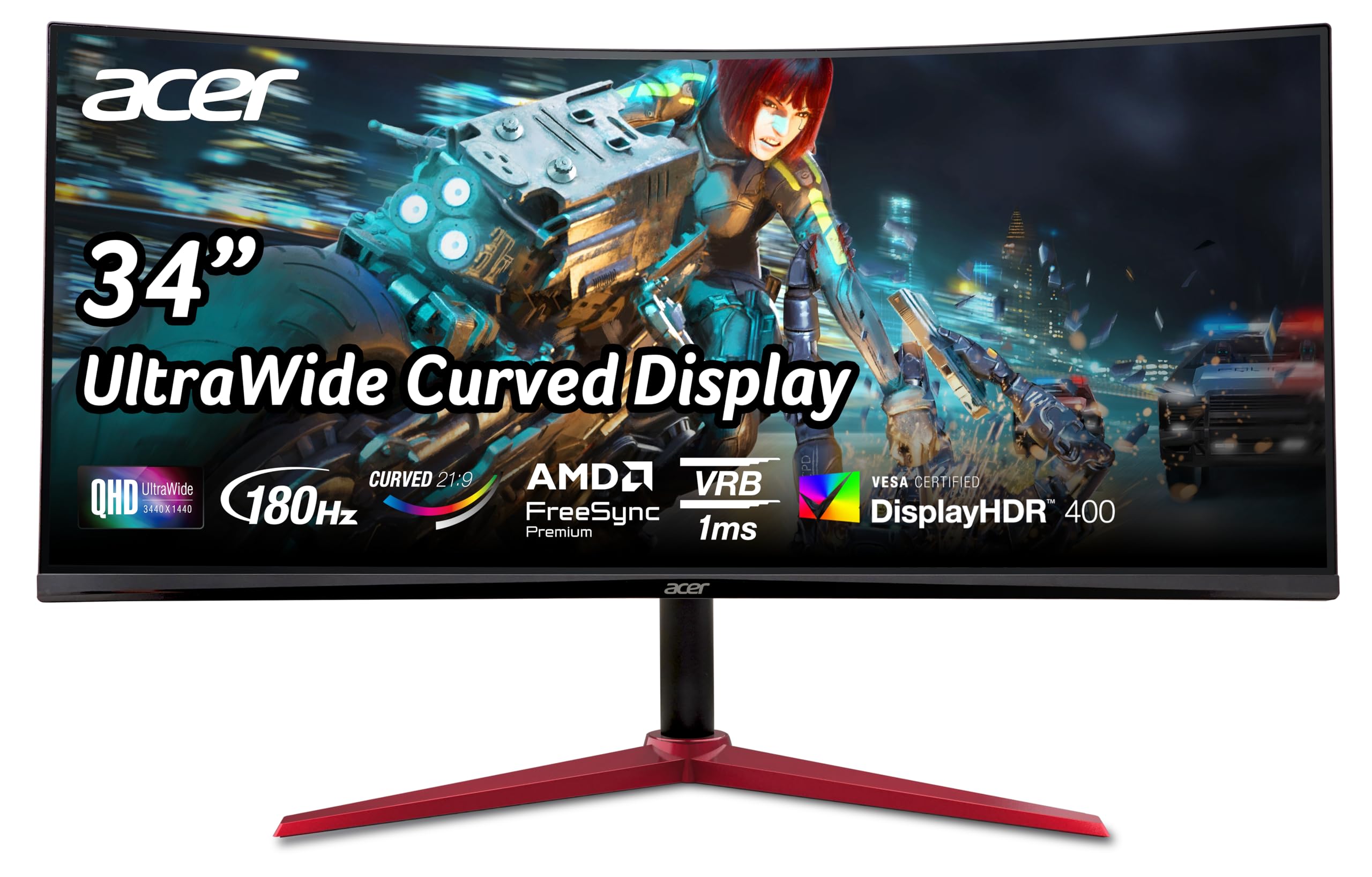 Acer Nitro 34" UWQHD 3440 x 1440 1500R Curved PC Gaming Monitor | AMD FreeSync Premium | Up to 180Hz Refresh | 1ms (VRB) | 400nit | DisplayHDR 400 | 1 x DP 1.4 & 2 x HDMI 2.0 | XZ342CU Vbmiiphx