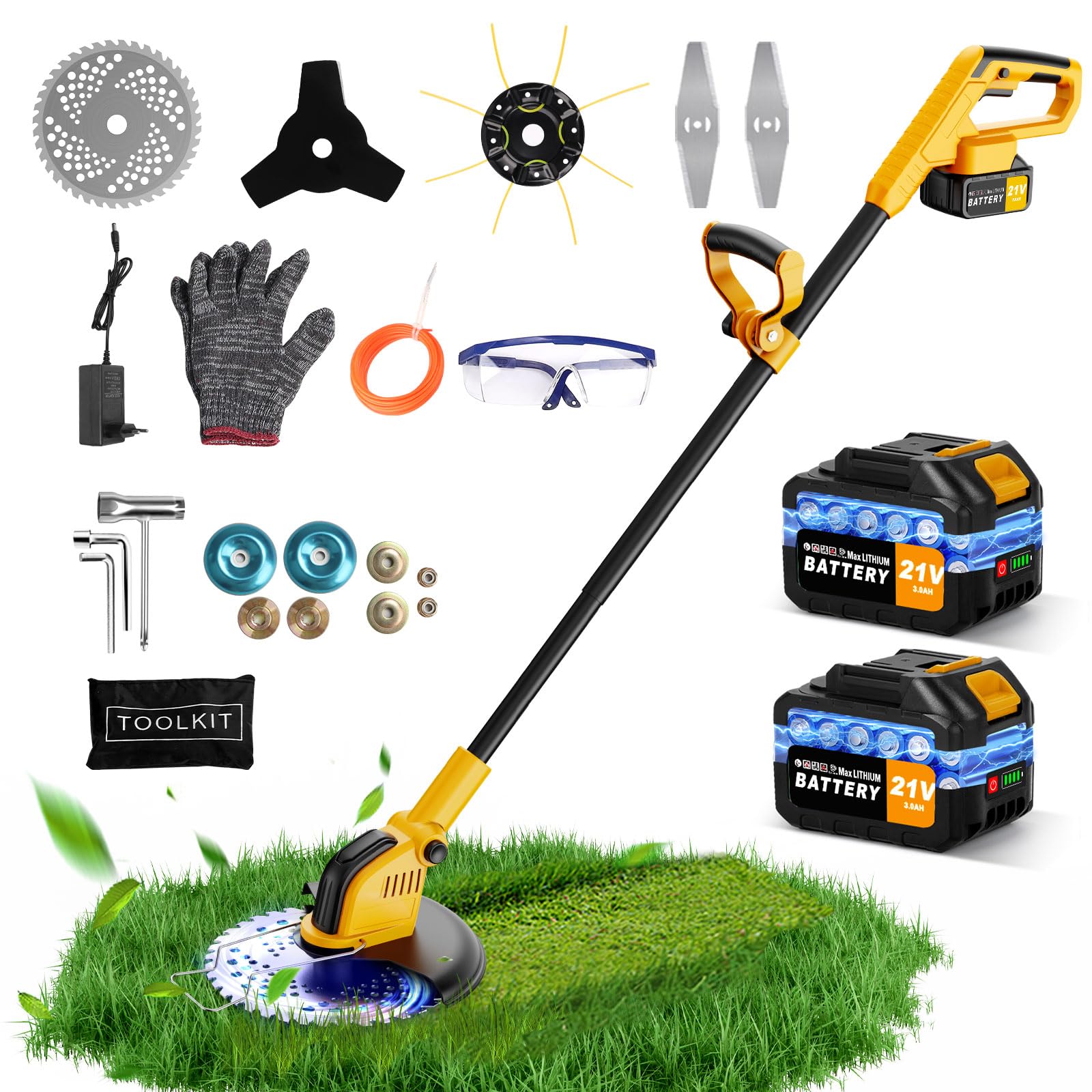 12 Inch Electric Weed Wacker, Lightweight Electric Weed Eater,800W Brushless Motor, 6000mAH, 2 Batteries, Multifunctional Grass Trimmer Lawn Tool,Yellow