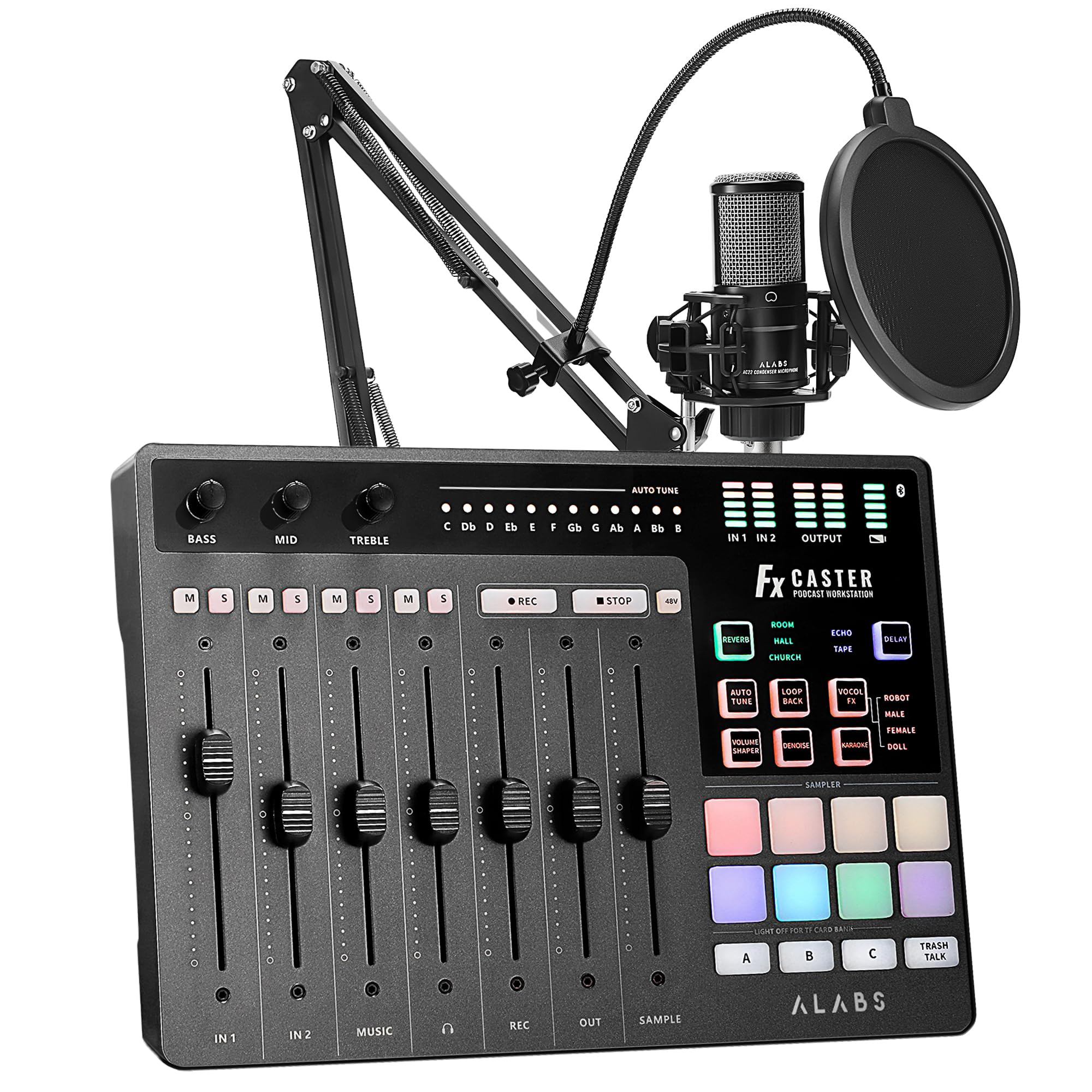 ALABS Fxcaster Podcast Equipment Bundle - All-in-One Podcasting Starter Setup with 7-Channel Soundboard, Audio Interface, and 25mm Diaphragm XLR Microphone for Live Streaming, Recording, and TikTok