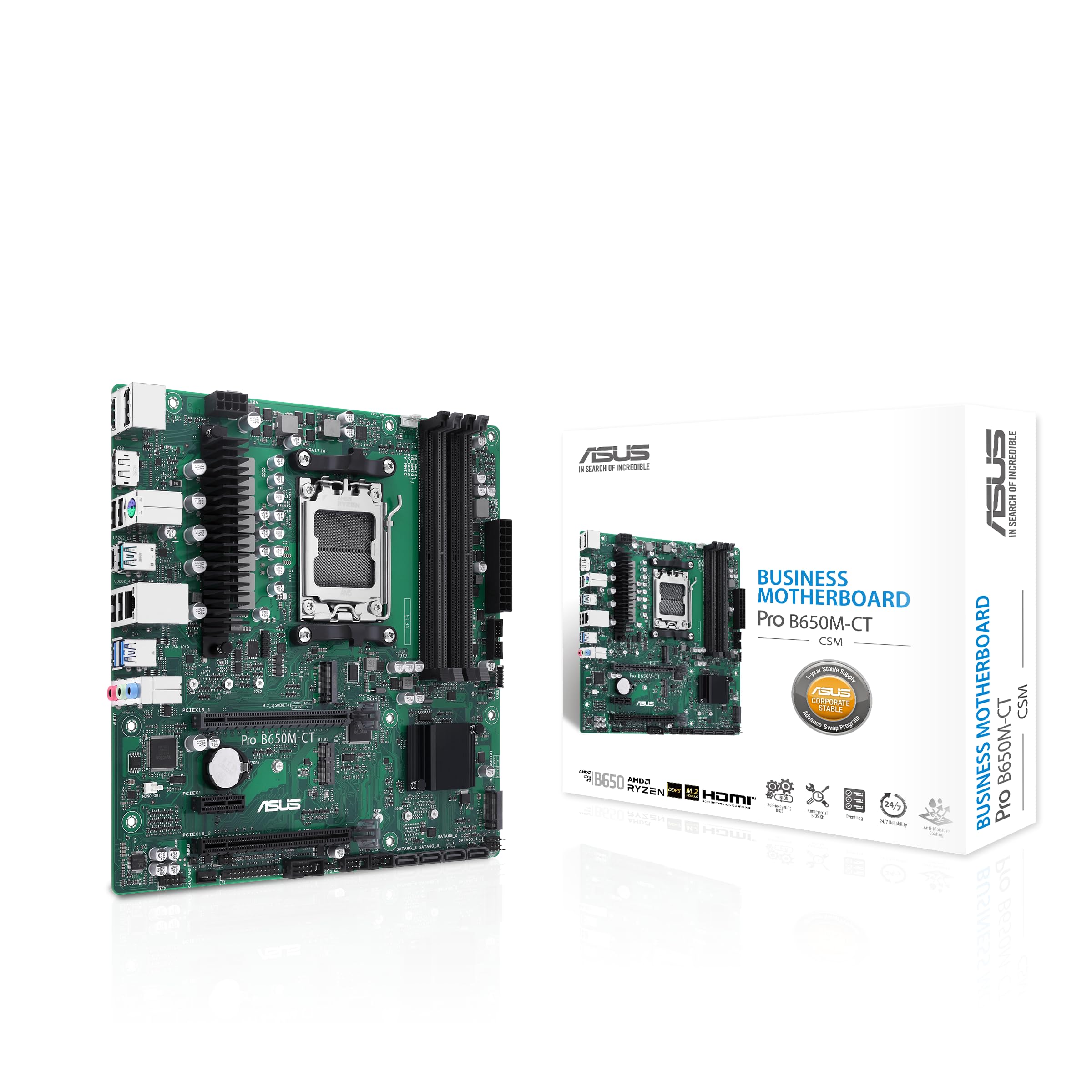 ASUS Pro B650M-CT-CSM AMD B650 AM5 Ryzen™ Desktop 9000 8000 & 7000 Micro-ATX mATX business motherboard DDR5, PCIe 5.0, USB 3.2, M.2, with enhanced security, reliability, manageability & serviceability