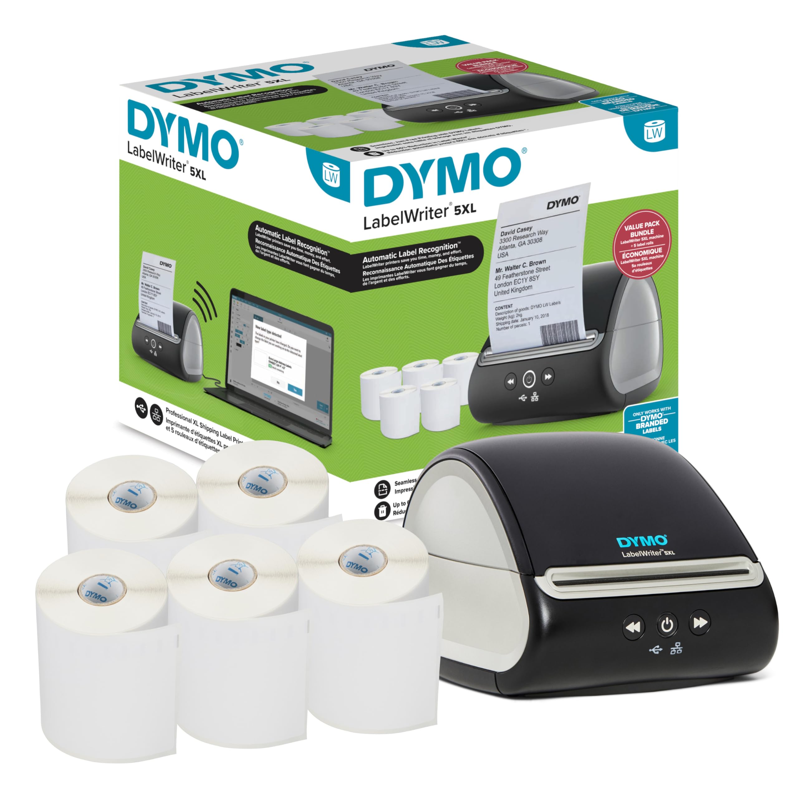 DYMO Label Writer 5XL Label Printer Bundle, Prints Extra-WideShipping Labels (UPS, USPS) from Amazon, eBay, and More, Perfect for eCommerce Sellers, Includes 5 Extra-Large Shipping Labels (1100 Total)