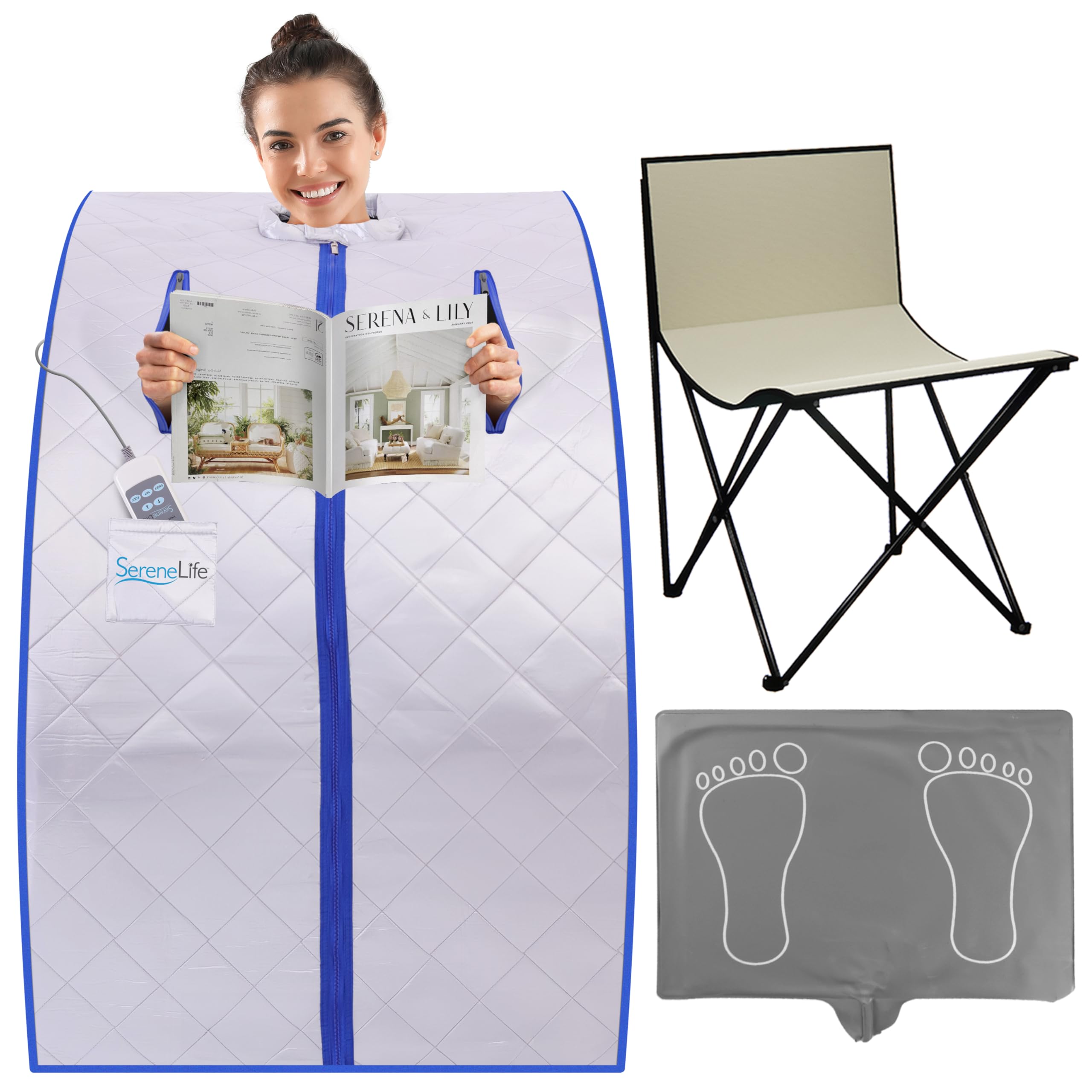 SereneLife Portable Infrared Sauna for Home, Compact Sauna Tent with Heated Foot Pad & Chair, Full Body Personal Spa with Remote Control, Easy Setup & Storage, 140°F Max Heat, 40" x 33" (Silver)