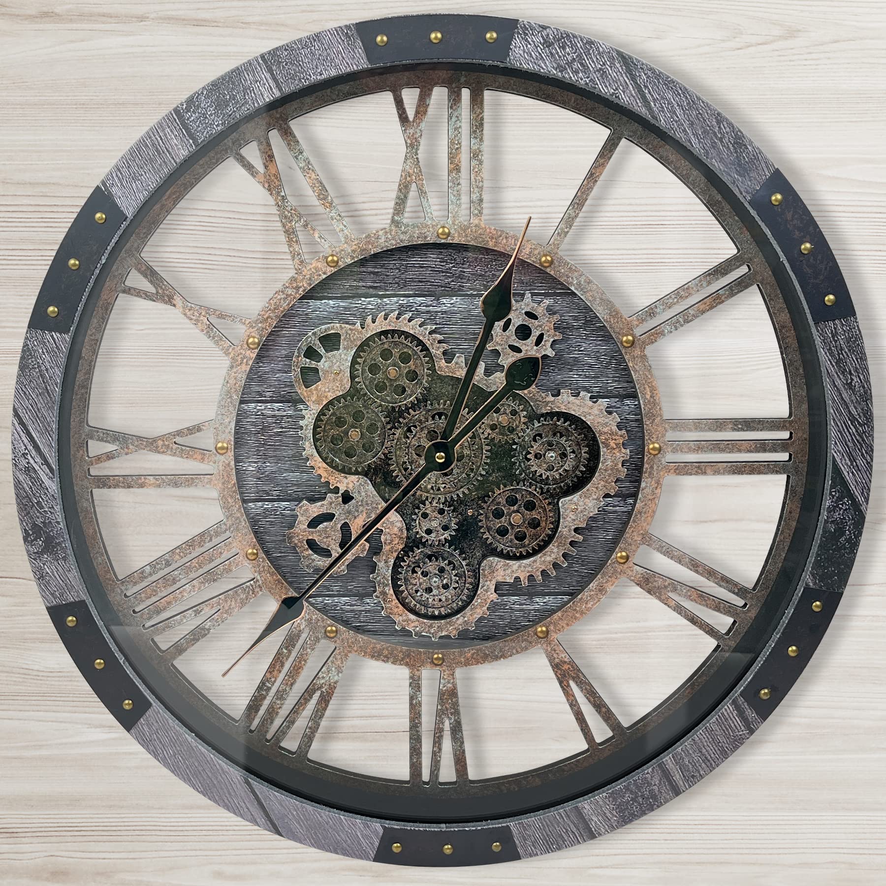 DORBOKER 24" Large Wall Clock with Moving Gears,Oversize Vintage Industrial Rustic Farmhouse Clocks for Living Room Decor Office Home,Solid Wood HD Tempered Glass Cover,Carbon Grey