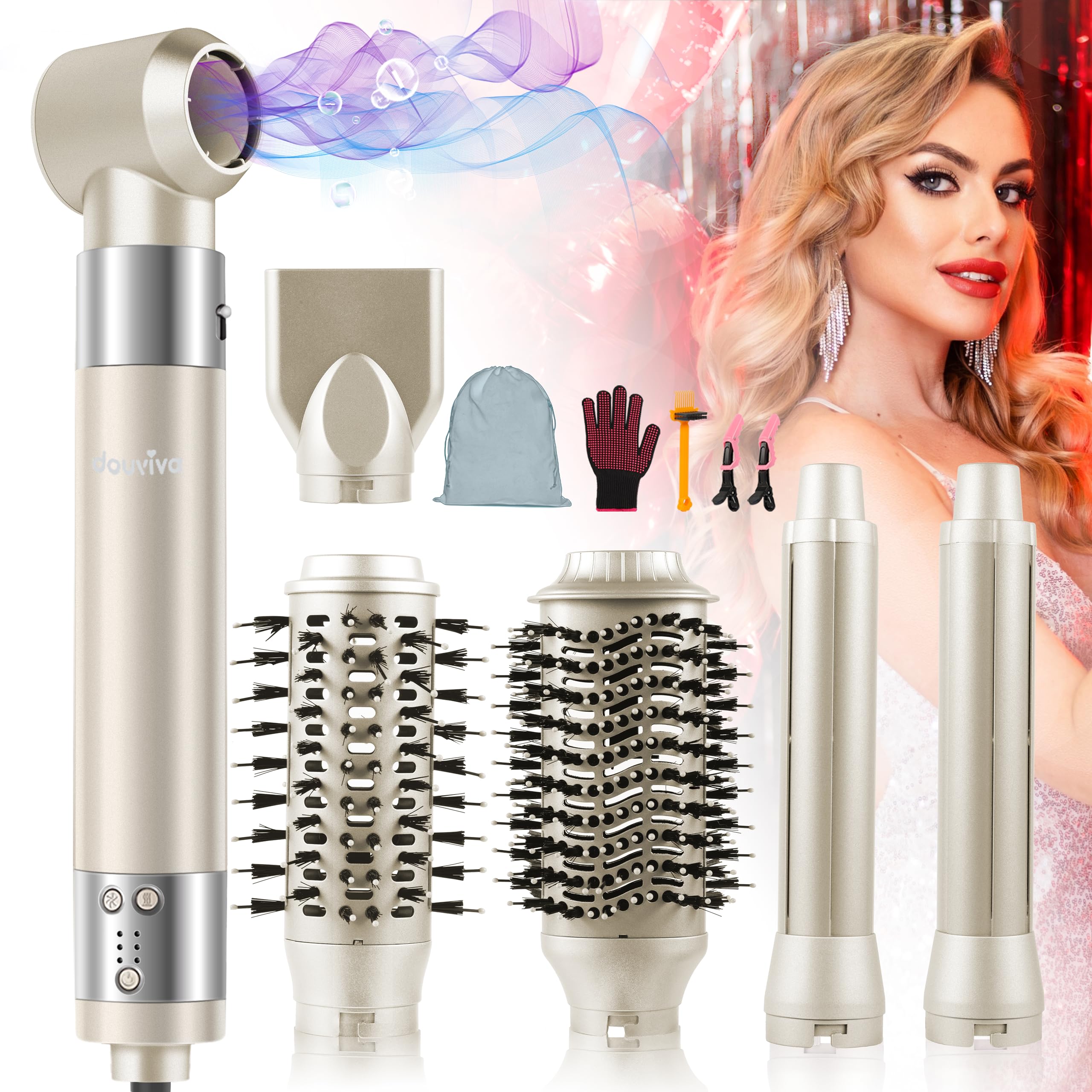 6 in 1 Hair Air Styler, Ionic Hair Dryer Brush 110,000 RPM High-Speed Frizz- Free Hot-Air Auto Wrap Curlers, Multi Hair Styler, Blow Dryer for Fast Drying Straightening Volumizing Curling Styling