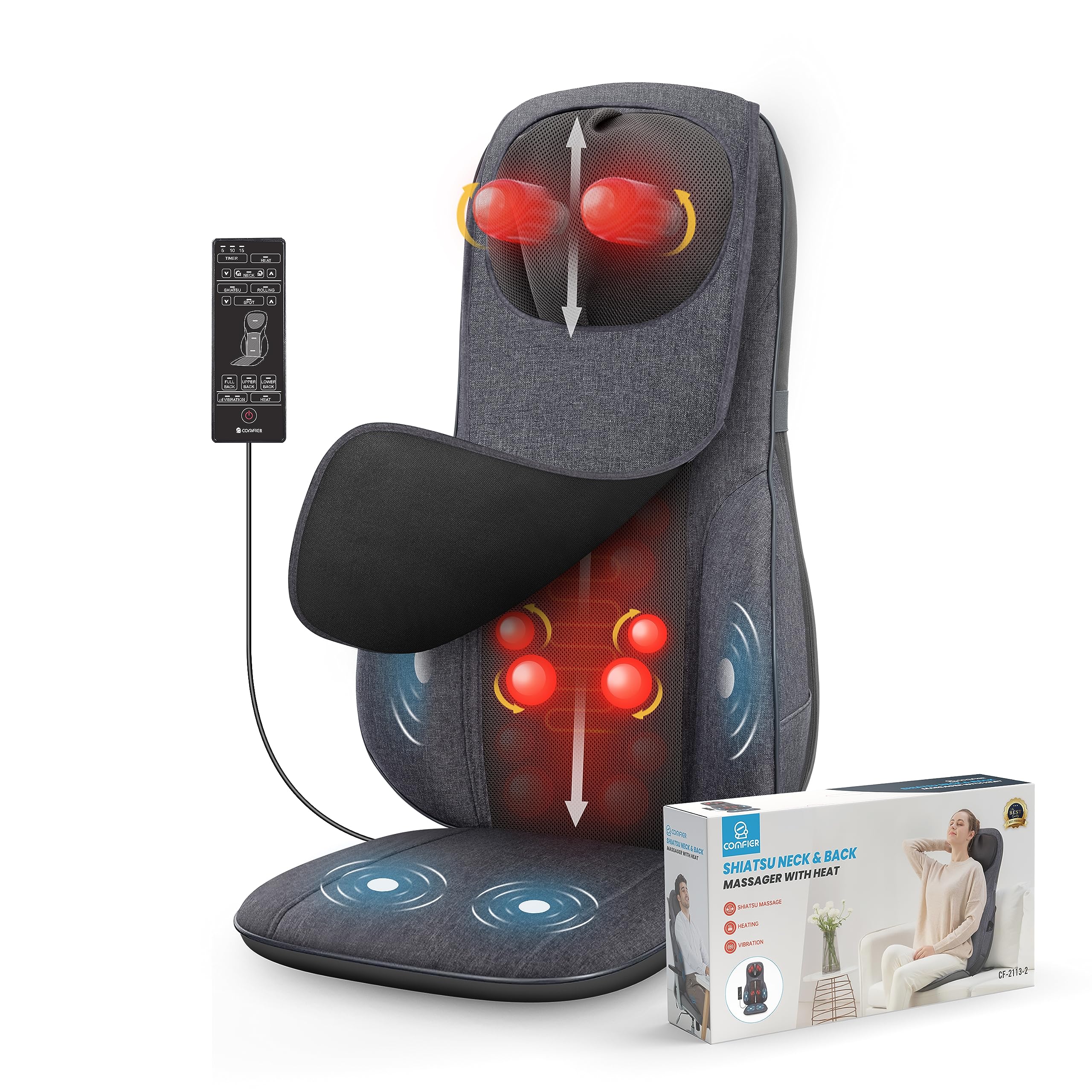 COMFIER Neck&Back Massagers with Heat,Shiatsu Massager Chair with Adjustable Height Pillow,Full Body Massage Cushion,4 Rolling Nodes&3 Vibration Levels,Gift for Men,Women,Gray
