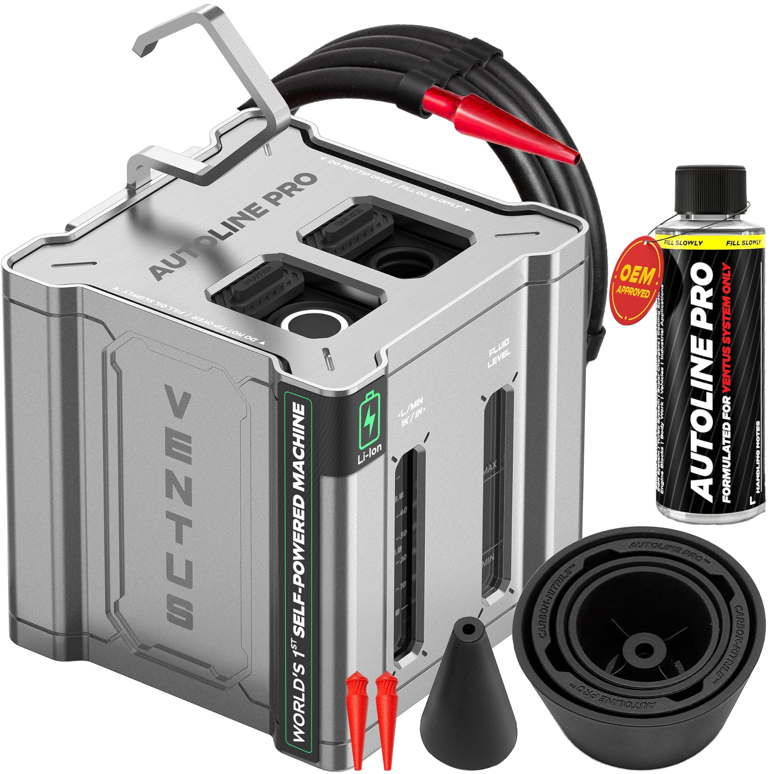 AutoLine Pro Automotive Ventus Smoke Machine Leak Tester EVAP Vacuum - World's #1 Self-Powered Li-Ion Battery Unit - OEM Odorless Fulid Lasts 500 Tests - Built-in Air Compressor - Cone Cap Plugs
